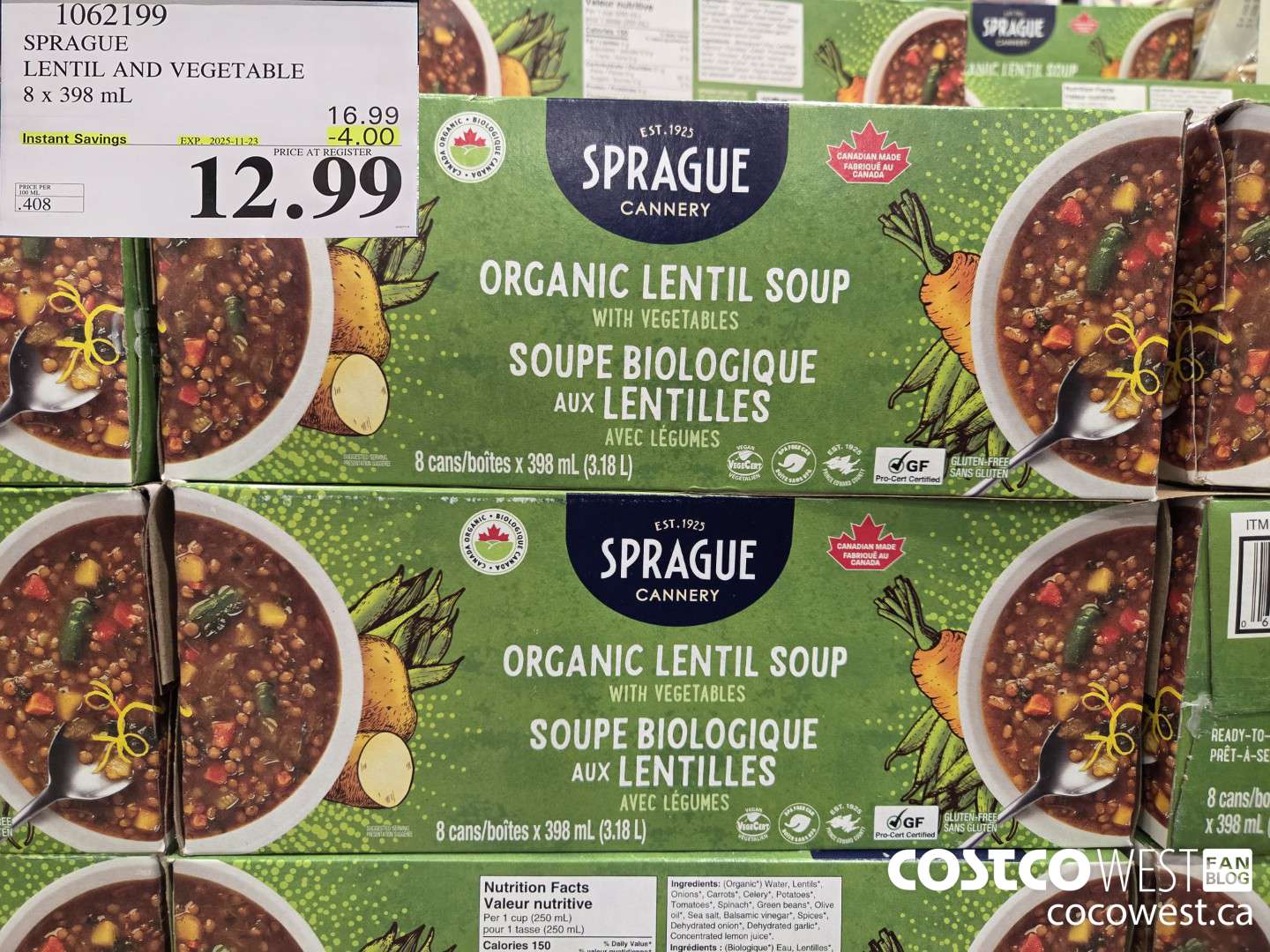 1062199 SPRAGUE ORGANIC LENTIL & VEG SOUP 8 X 398 ML ($4.00 INSTANT SAVINGS EXPIRES ON 2025-11-23) $12.99