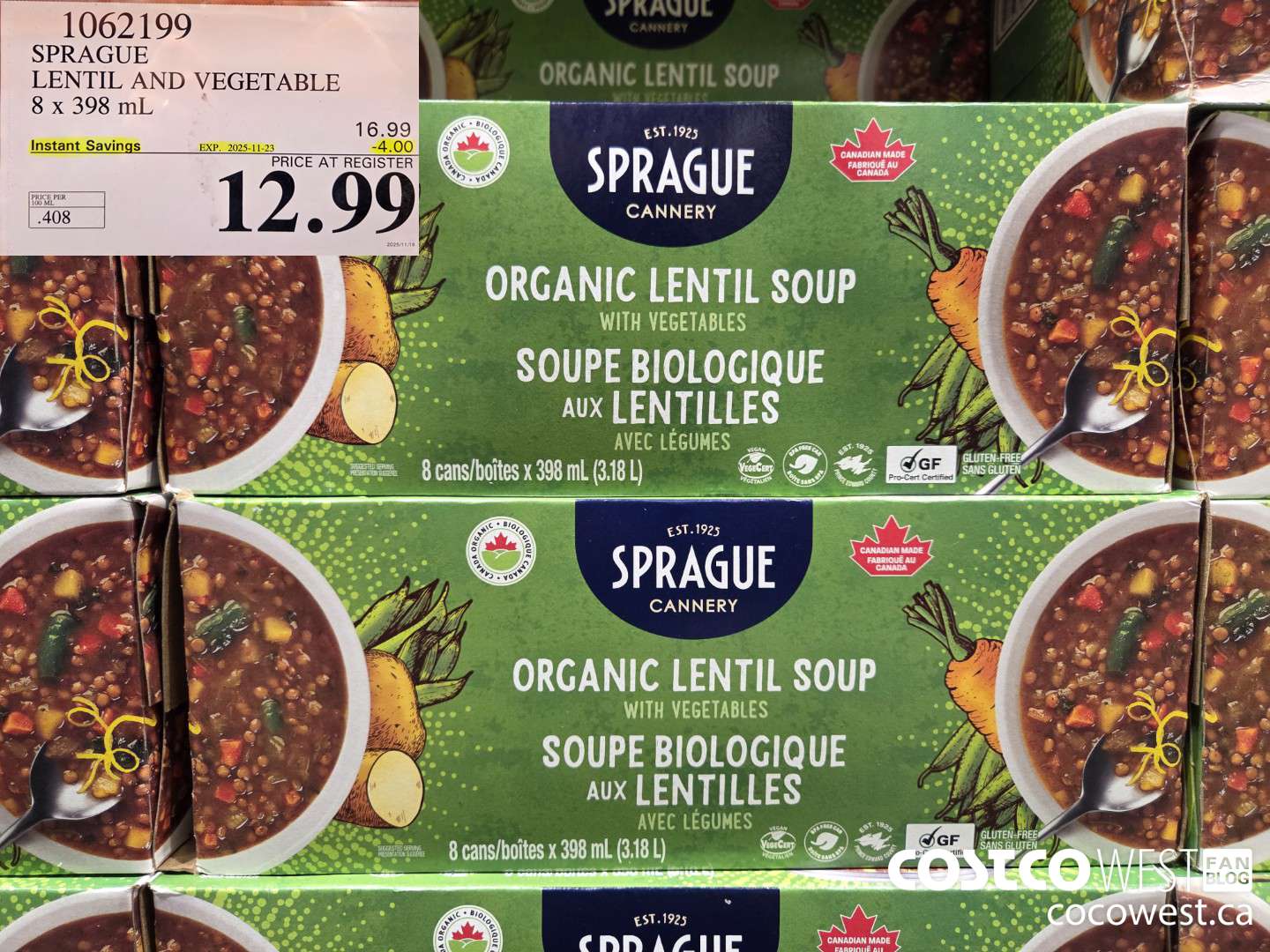 1062199 SPRAGUE ORGANIC LENTIL & VEG SOUP 8 X 398 ML ($4.00 INSTANT SAVINGS EXPIRES ON 2025-11-23) $12.99