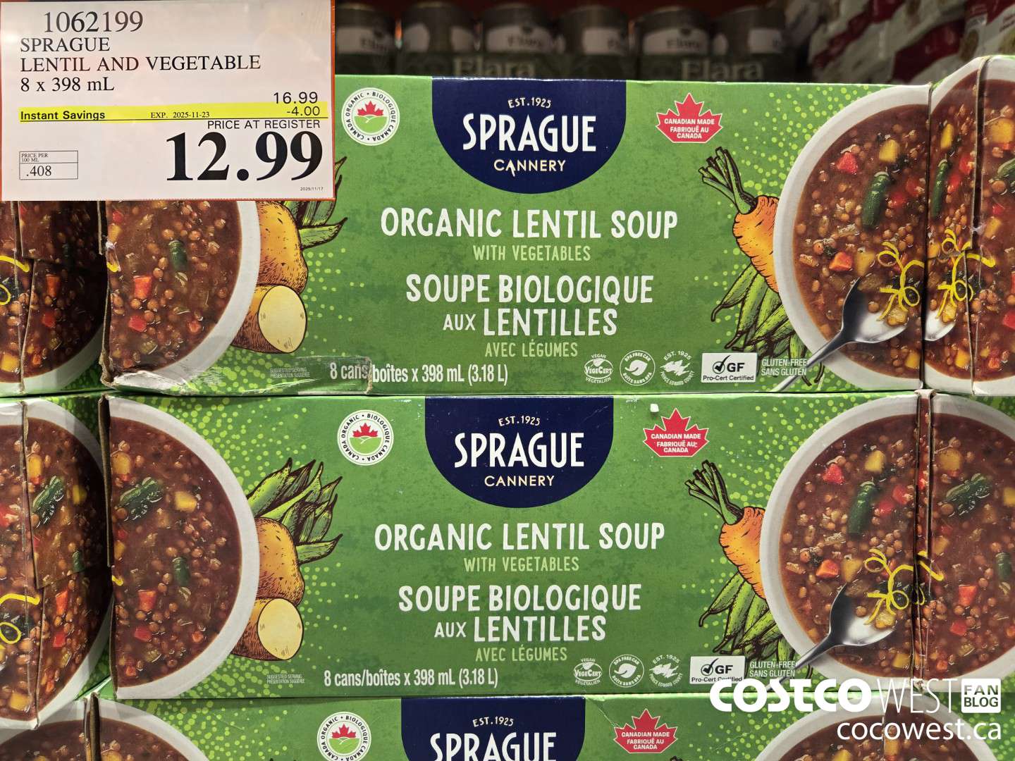 1062199 SPRAGUE ORGANIC LENTIL & VEG SOUP 8 X 398 ML ($4.00 INSTANT SAVINGS EXPIRES ON 2025-11-23) $12.99