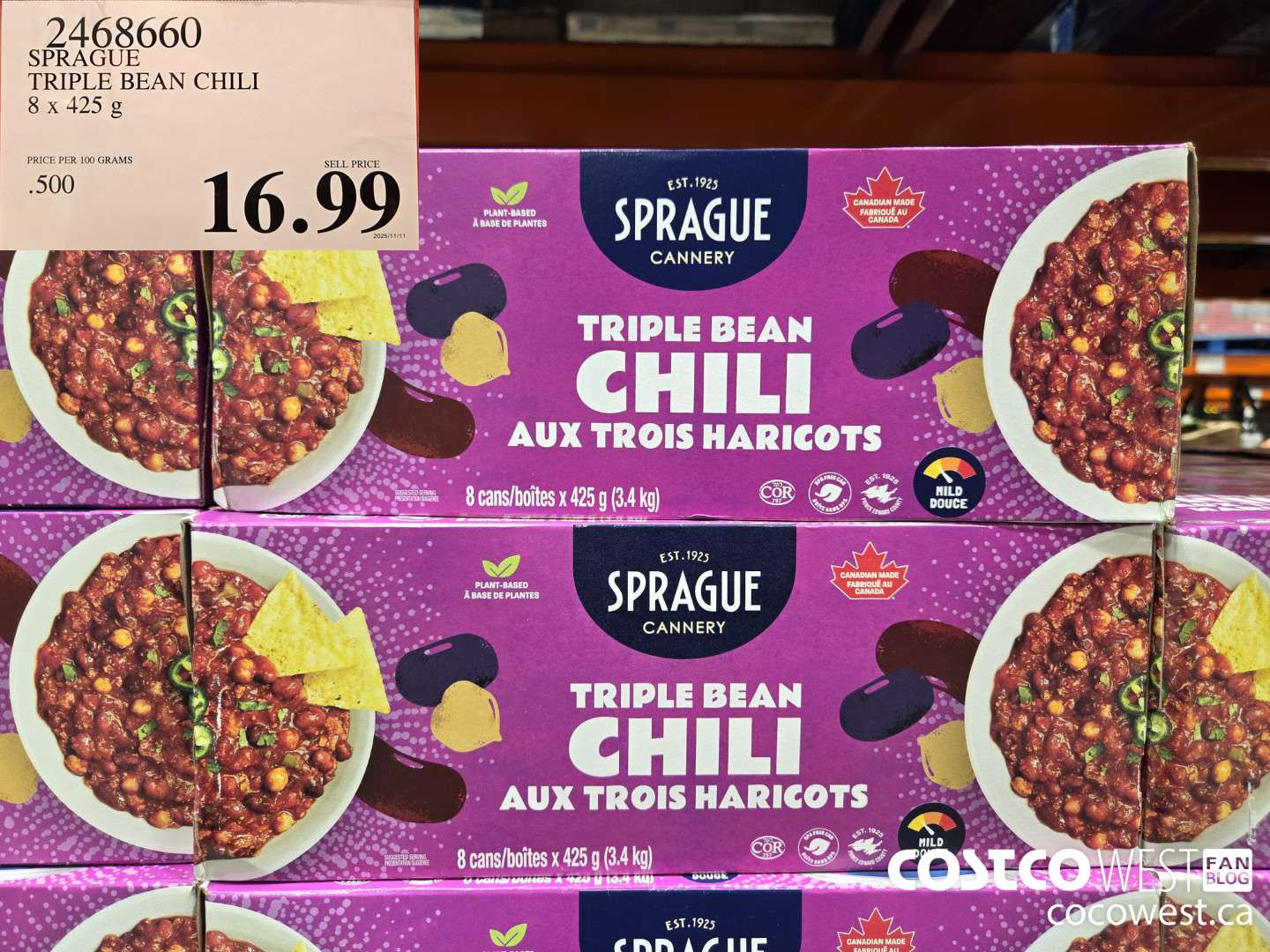 2468660 SPRAGUE TRIPLE BEAN CHILI 8 x 425 g $16.99