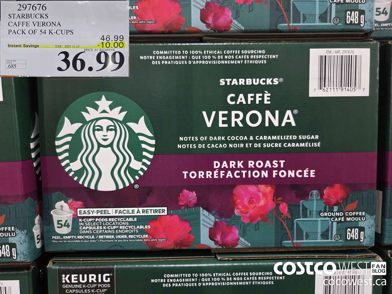 297676 STARBUCKS CAFFE VERONA K-CUPS 54 COUNT ($10.00 INSTANT SAVINGS EXPIRES ON 2025-11-23) $36.99