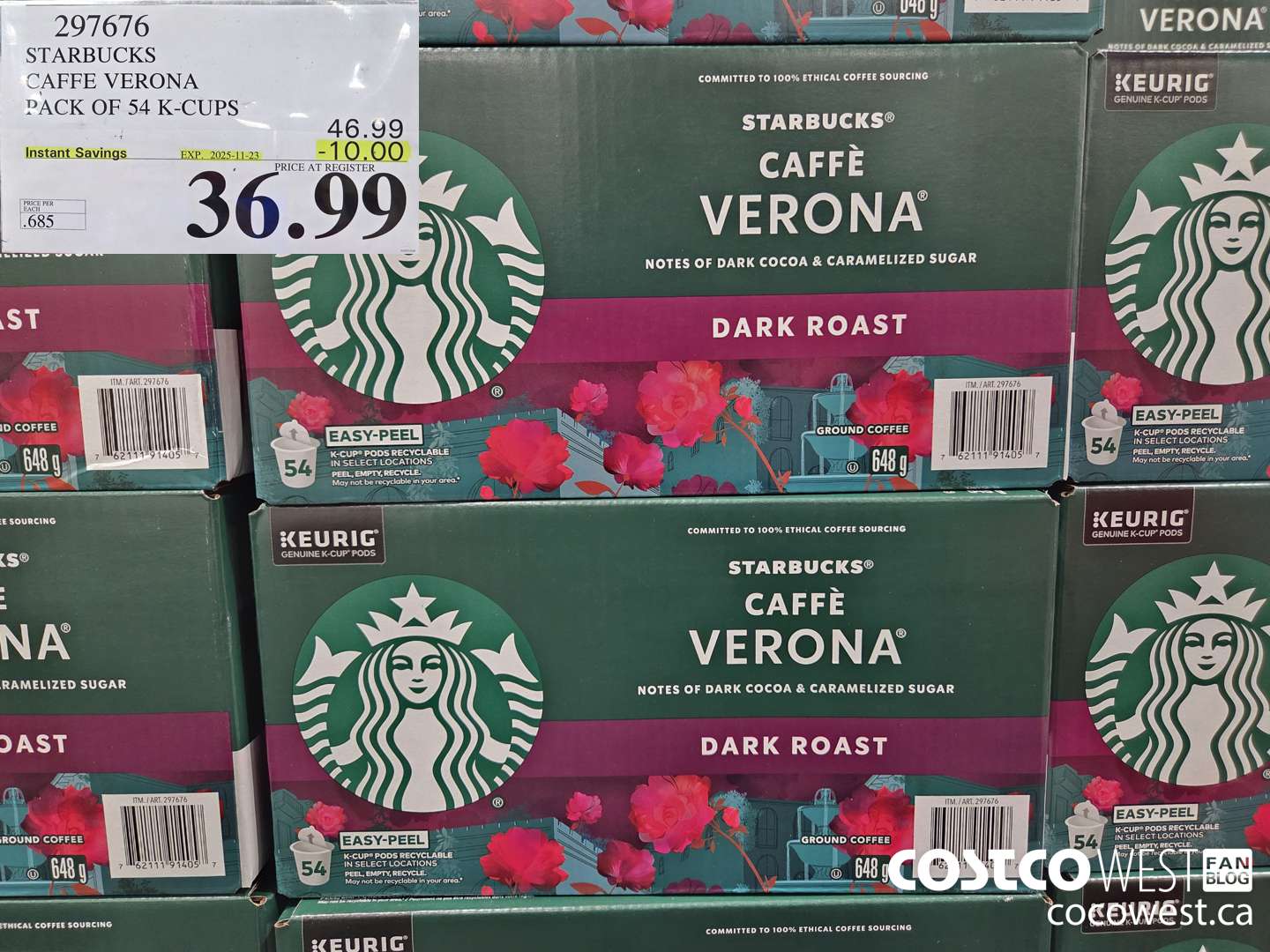 297676 STARBUCKS CAFFE VERONA K-CUPS 54 COUNT ($10.00 INSTANT SAVINGS EXPIRES ON 2025-11-23) $36.99