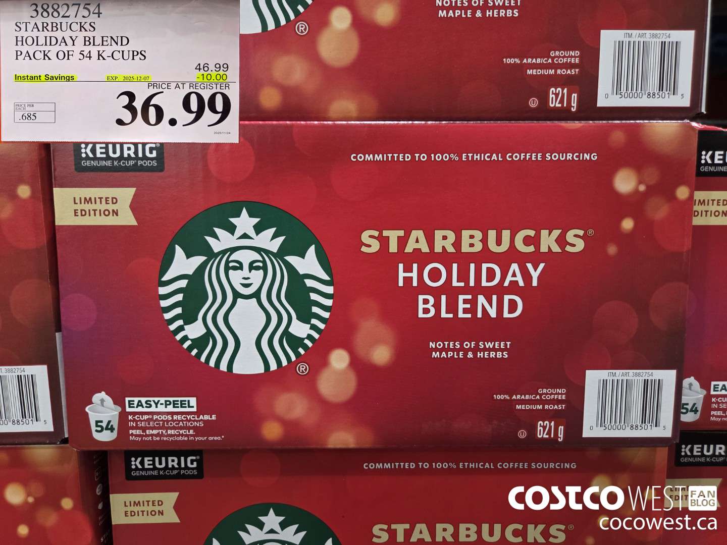 3882754 STARBUCKS HOLIDAY BLEND PACK OF 54 K-CUPS ($10.00 INSTANT SAVINGS EXPIRES ON 2025-12-07) $36.99