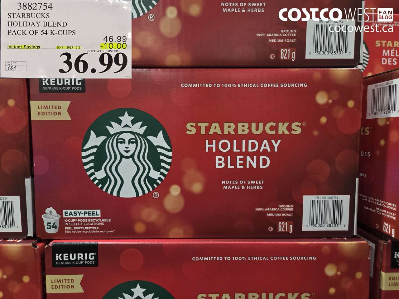 3882754 STARBUCKS HOLIDAY BLEND PACK OF 54 K-CUPS ($10.00 INSTANT SAVINGS EXPIRES ON 2025-12-21) $36.99