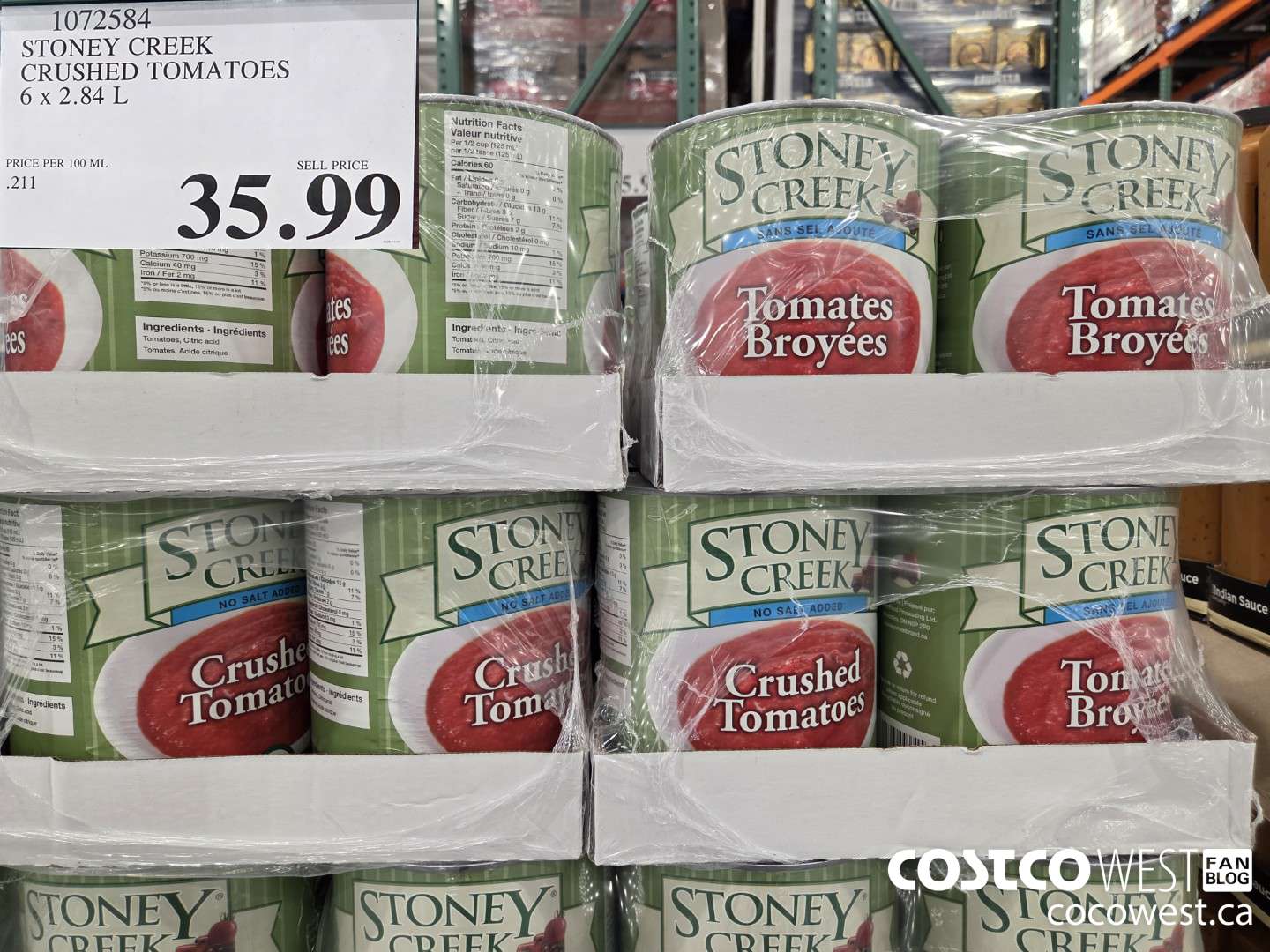 1072584 STONEY CREEK CRUSHED TOMATOES 6 x 2.84 L $35.99