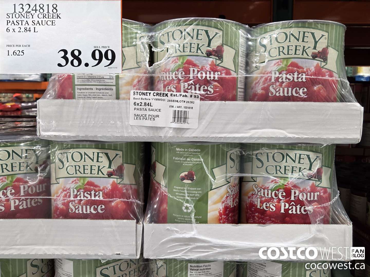 1324818 STONEY CREEK PASTA SAUCE 6 x 2.84 L $38.99