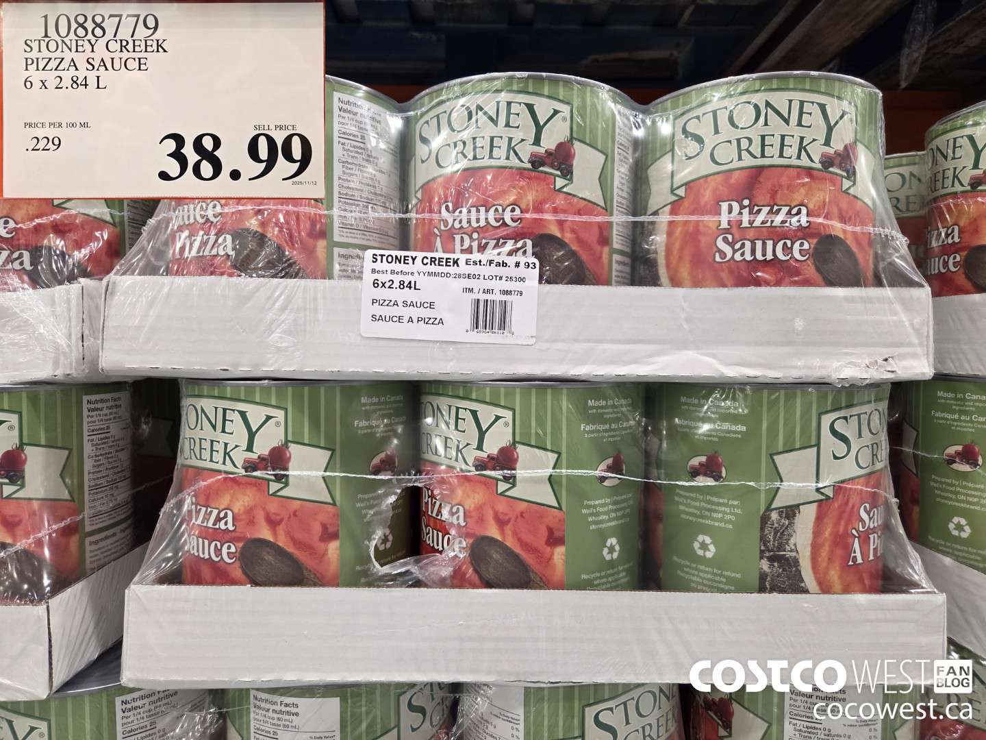 1088779 STONEY CREEK PIZZA SAUCE 6 x 2.84 L $38.99
