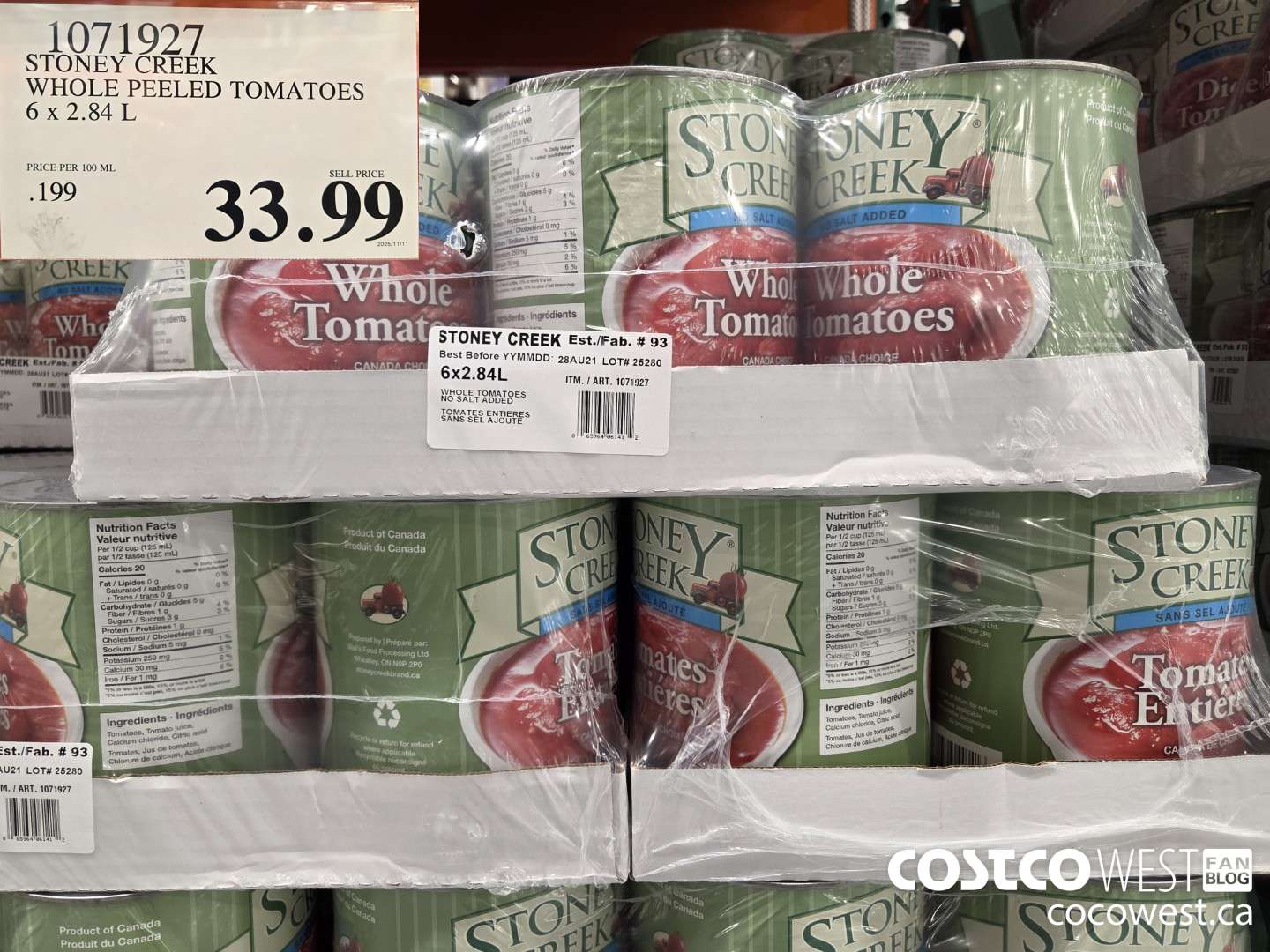 1071927 STONEY CREEK WHOLE PEELED TOMATOES 6 x 2.84 L $33.99