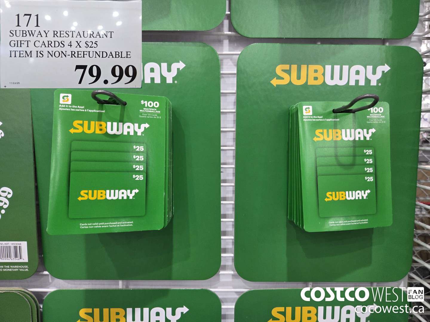 171 SUBWAY RESTAURANT GIFT CARDS 4 X $25 ITEM IS NON-REFUNDABLE $79.99