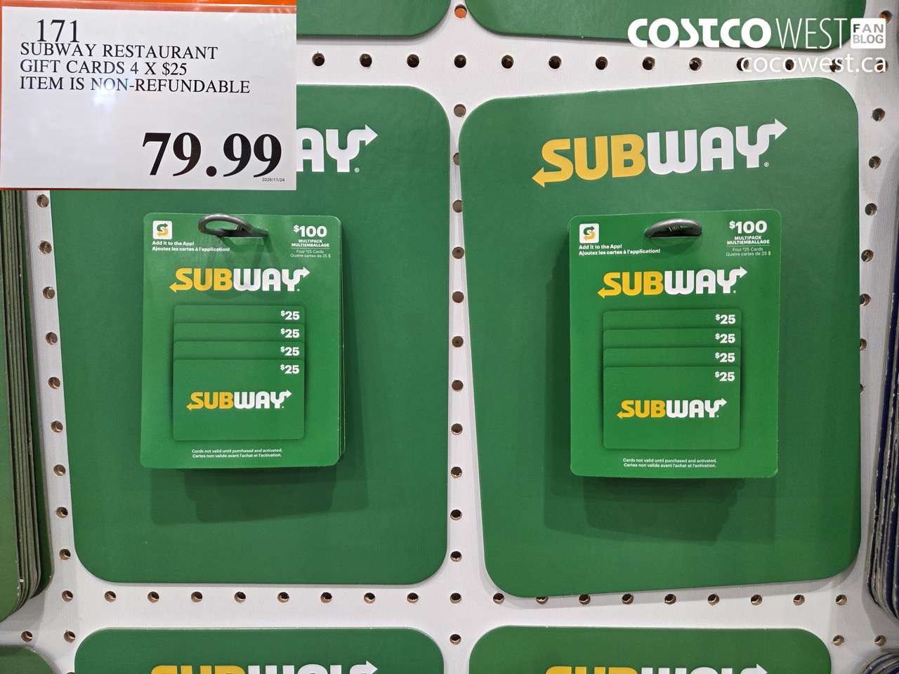 171 SUBWAY RESTAURANT GIFT CARDS 4 X $25 ITEM IS NON-REFUNDABLE $79.99