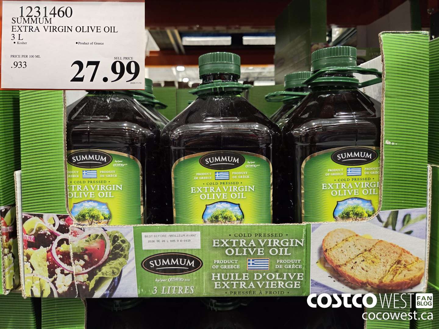 1231460 SUMMUM EXTRA VIRGIN OLIVE OIL 3 L  $27.99