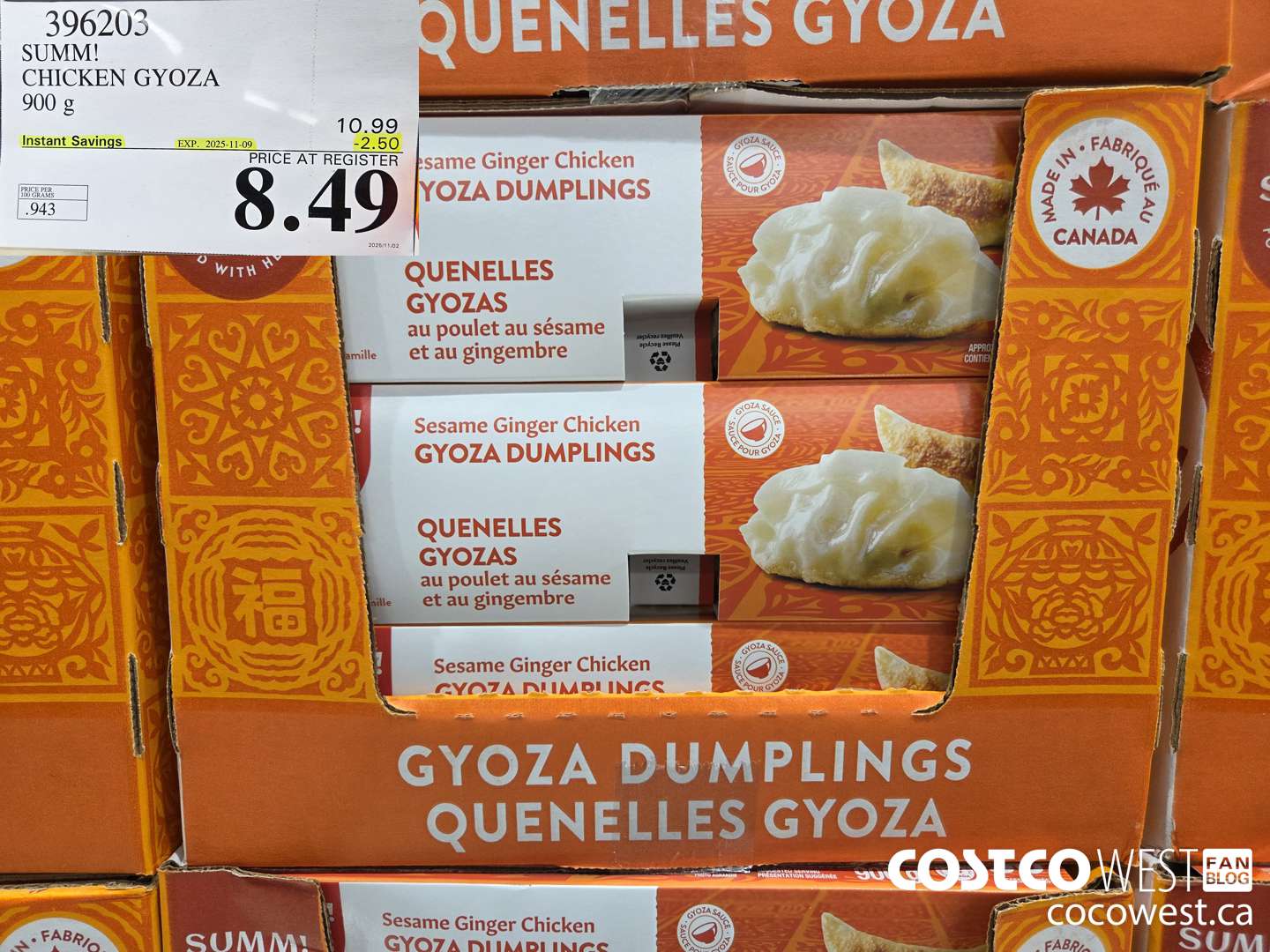396203 SUM-M! CHICKEN GYOZA 900 g ($2.50 INSTANT SAVINGS EXPIRES ON 2025-11-09) $8.49