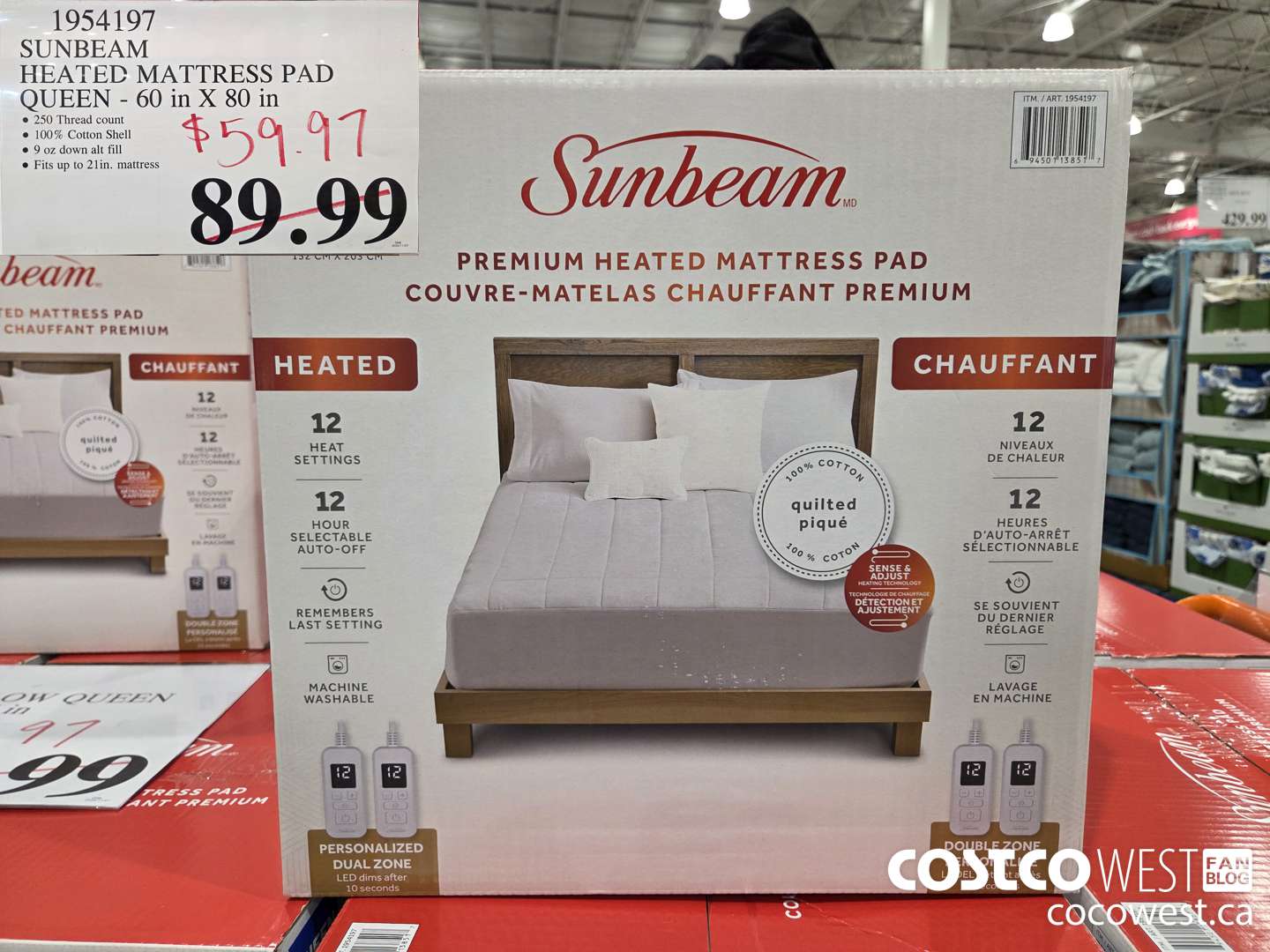 1954197 SUNBEAM HEATED MATTRESS PAD QUEEN 60 IN X 80 IN $59.97