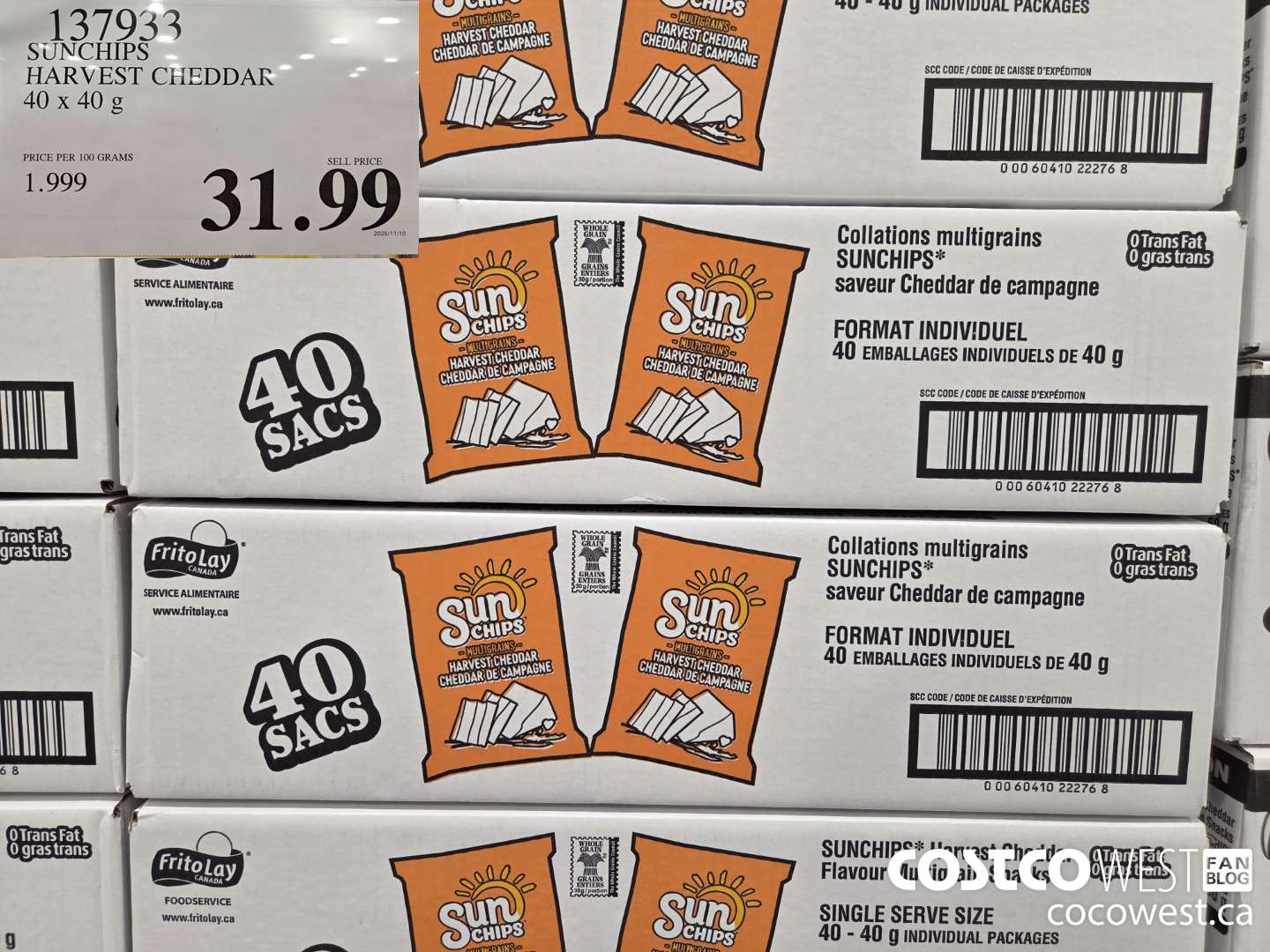 137933 SUNCHIPS HARVEST CHEDDAR 40 x 40 g $31.99