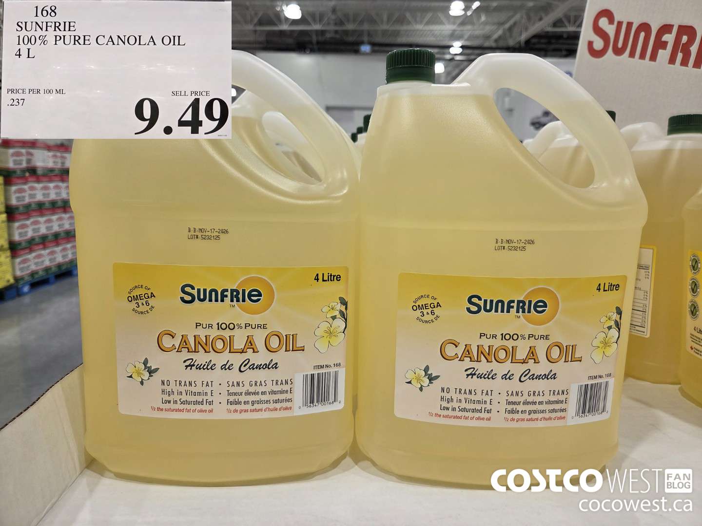 168 SUNFRIE 100% PURE CANOLA OIL 4L $9.49