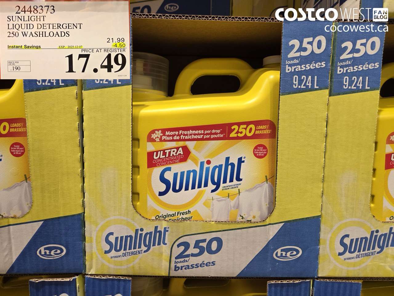 2448373 SUNLIGHT LIQUID DETERGENT 250 WASHLOADS ($4.50 INSTANT SAVINGS EXPIRES ON 2025-12-07) $17.49