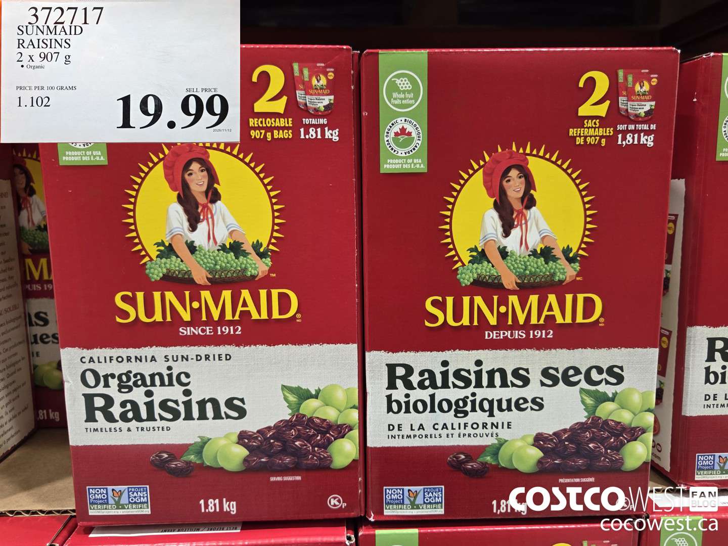372717 SUNMAID RAISINS 2 x 907 g $19.99