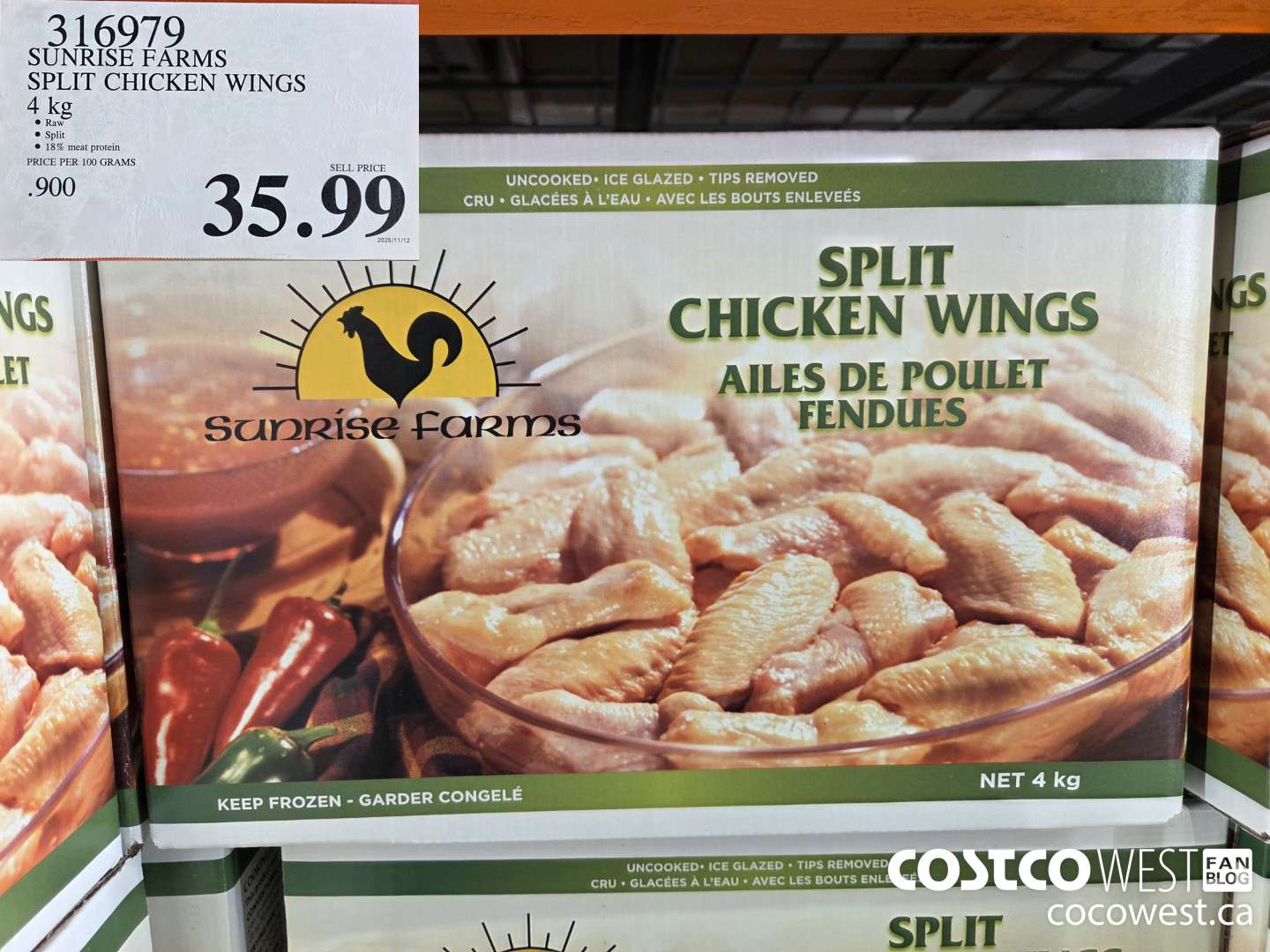 316979 SUNRISE FARMS SPLIT CHICKEN WINGS 4 kg $35.99