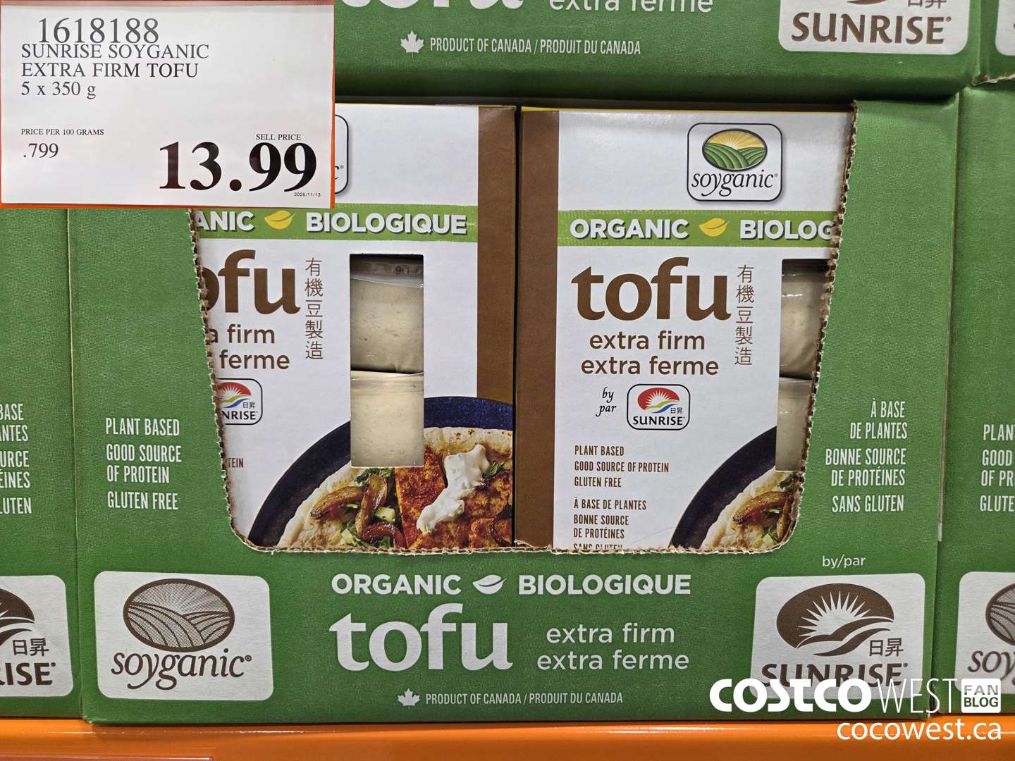 1618188 SUNRISE SOYGANIC EXTRA FIRM TOFU 5 x 350 g $13.99