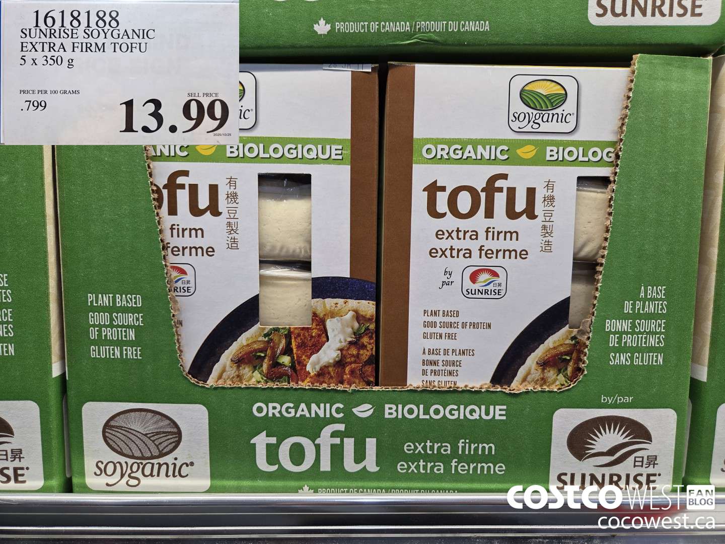 1618188 SUNRISE SOYGANIC EXTRA FIRM TOFU 5 x 350 g $13.99