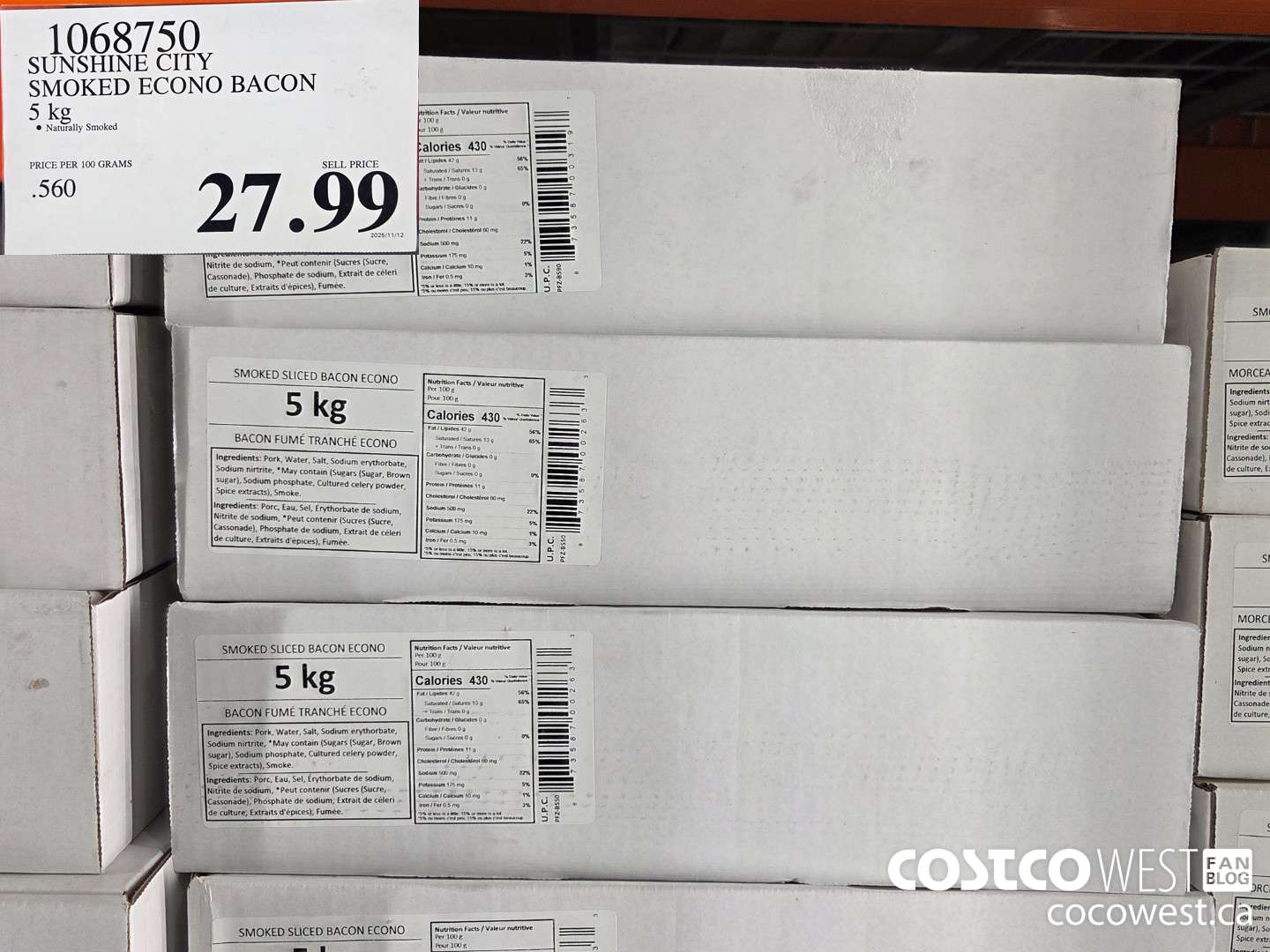 1068750 SUNSHINE CITY SMOKED ECONO BACON 5 kg 5 kg ® Naturally Smoked PRICE PER 100 GRAMS SELL PRICE ss Dut  $27.99