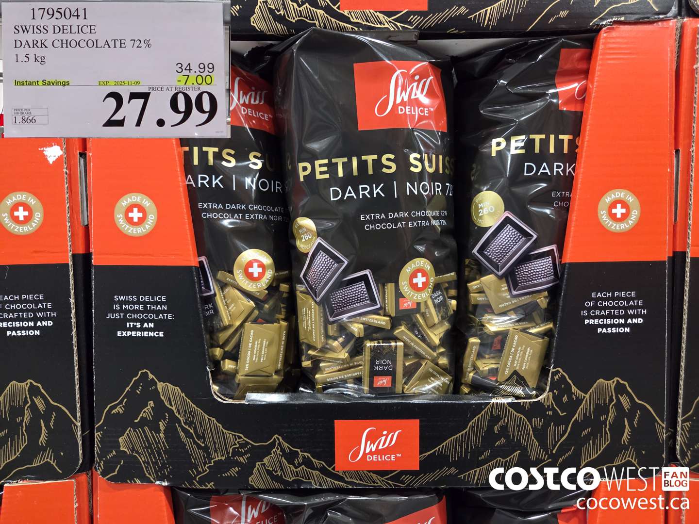 1795041 SWISS DELICE DARK CHOCOLATE 72% 1.5KG ($7.00 INSTANT SAVINGS EXPIRES ON 2025-11-09) $27.99