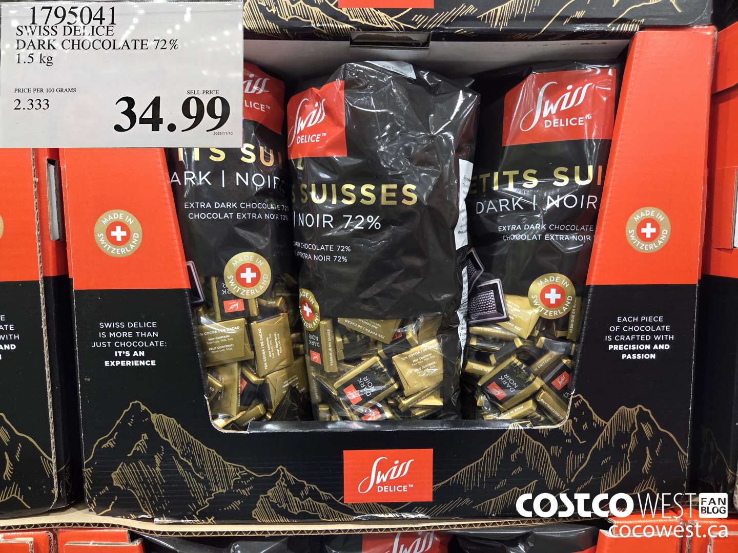 1795041 SWISS DELICE DARK CHOCOLATE 72% 1.5KG $34.99