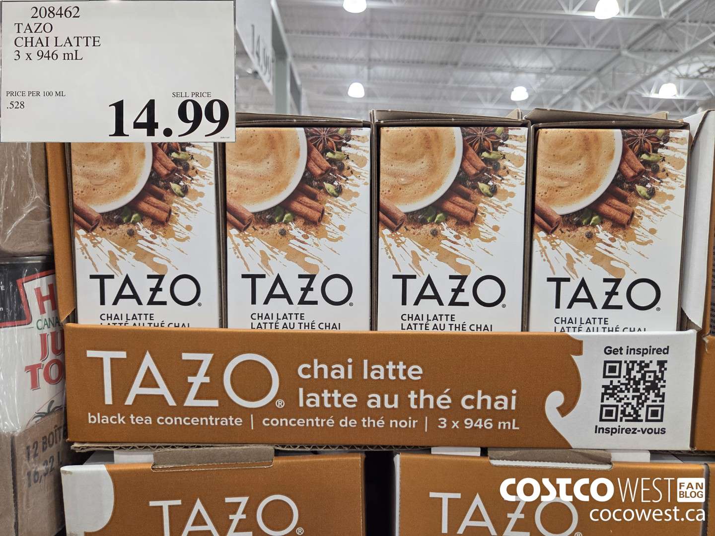 208462 TAZO CHAI LATTE 3 x 946 mL $14.99
