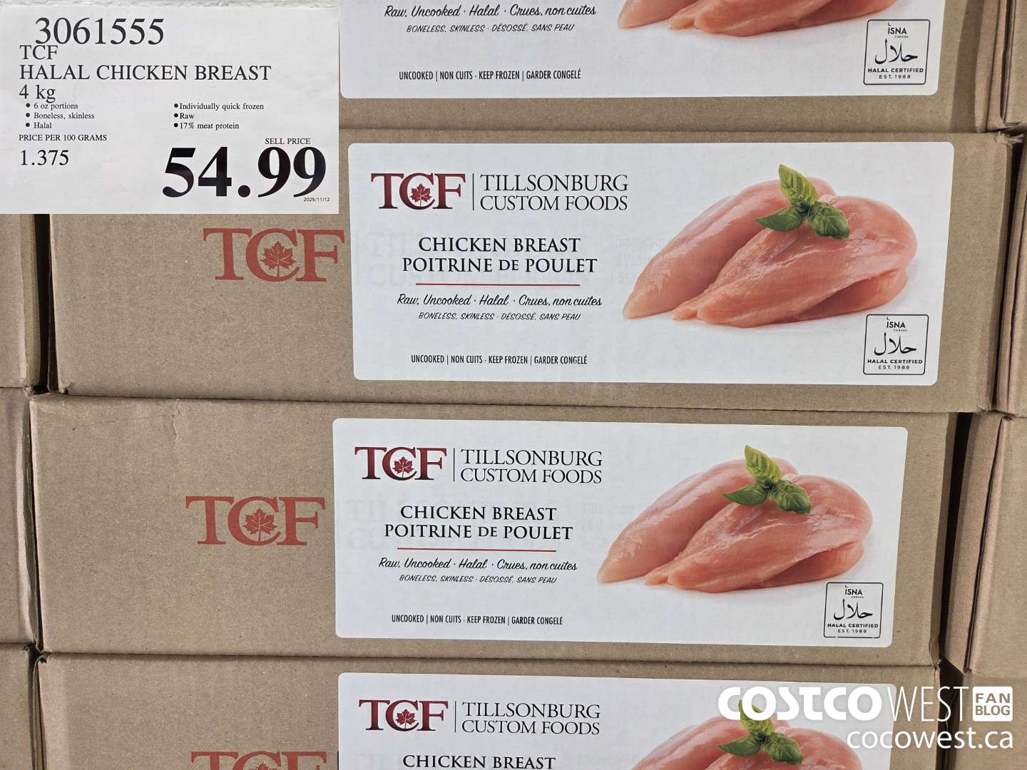 3061555 TCF HALAL CHICKEN BREAST 4 kg $54.99