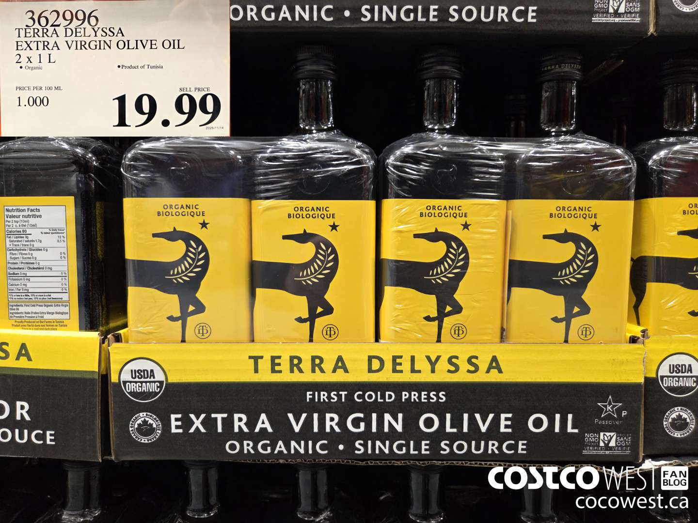 362996 TERRA DELYSSA EXTRA VIRGIN OLIVE OIL 2 x 1 L $19.99