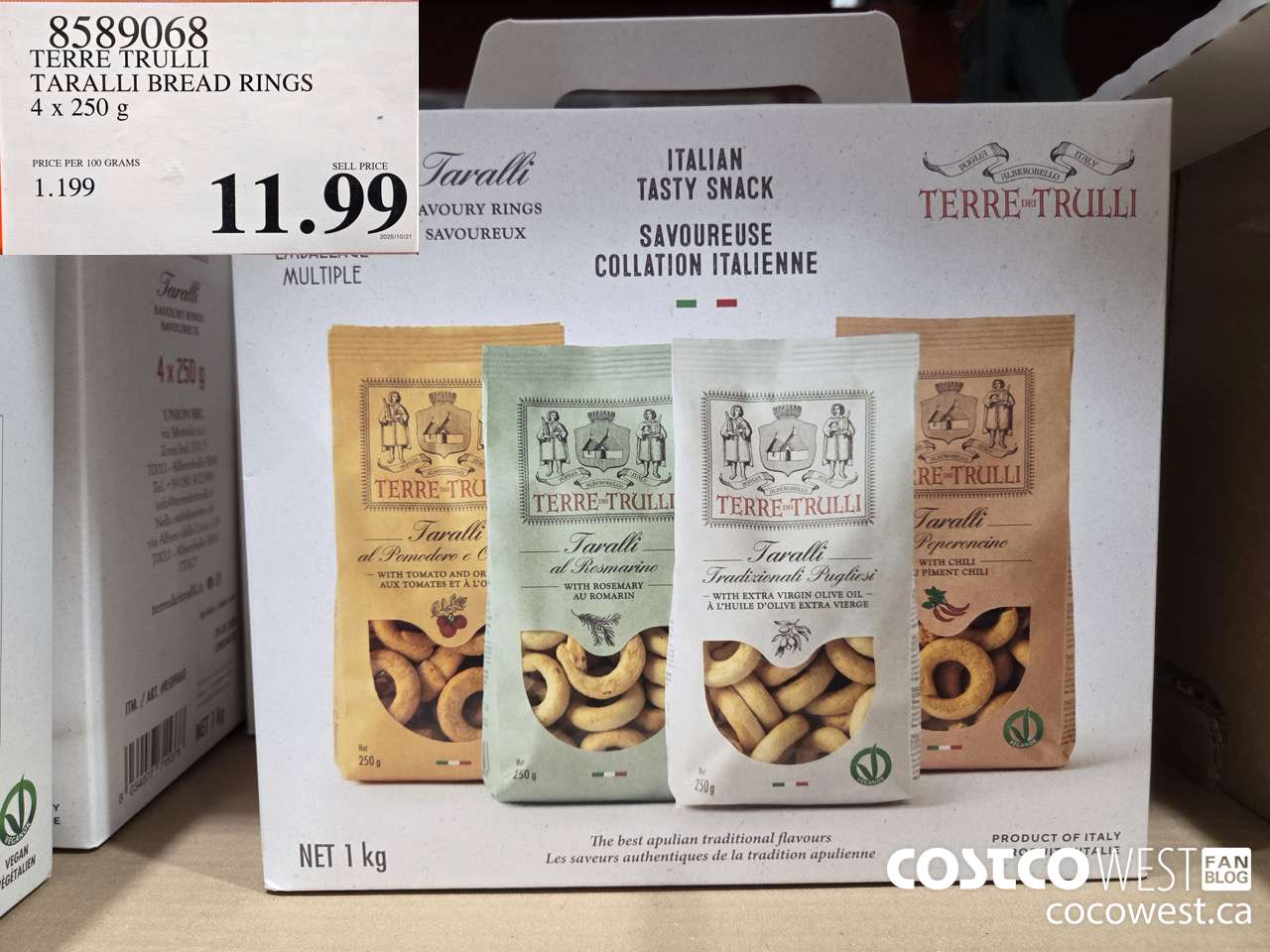 8589068 TERRE TRULLI TARALLI BREAD RINGS 4 X 250G $11.99