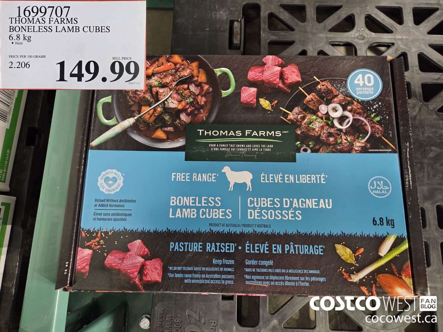 1699707 THOMAS FARMS BONELESS LAMB CUBES 6.8 kg $149.99