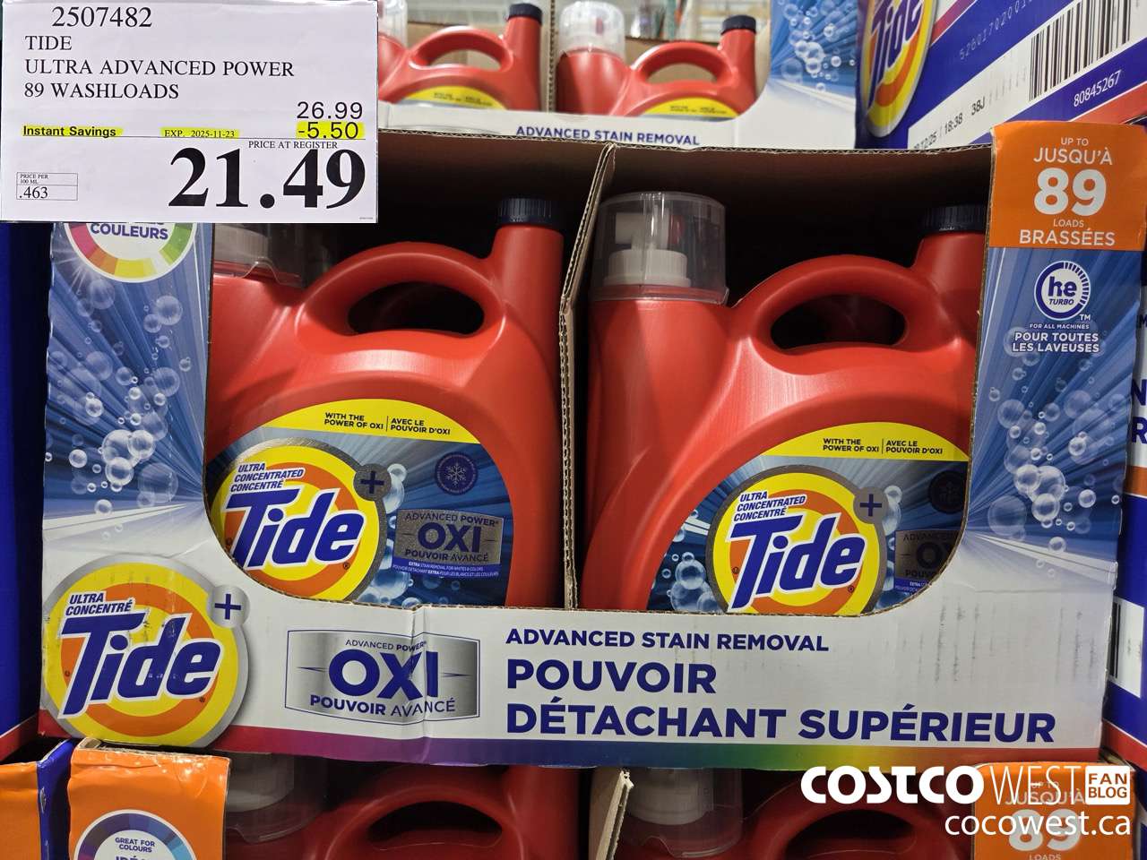 2507482 TIDE ADVANCED POWER LIQUID DETERGENT 4.64 L 89 WASHLOADS ($5.50 INSTANT SAVINGS EXPIRES ON 2025-11-23) $21.49