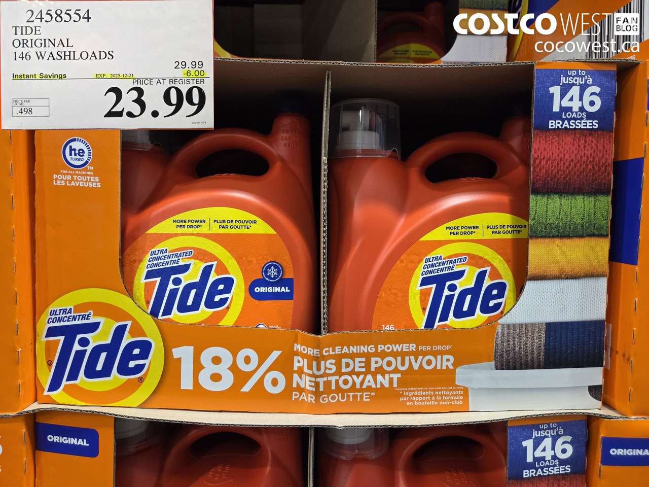 2458554 TIDE HE LIQUID DETERGENT 4.82 L 146 WASHLOADS ($6.00 INSTANT SAVINGS EXPIRES ON 2025-12-21) $23.99