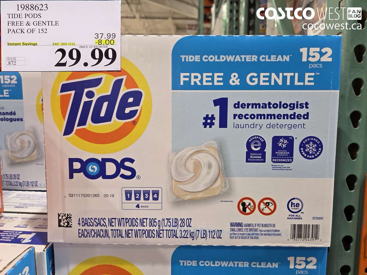 1988623 TIDE PODS FREE & GENTLE PACK OF 152 ($8.00 INSTANT SAVINGS EXPIRES ON 2025-12-21) $29.99