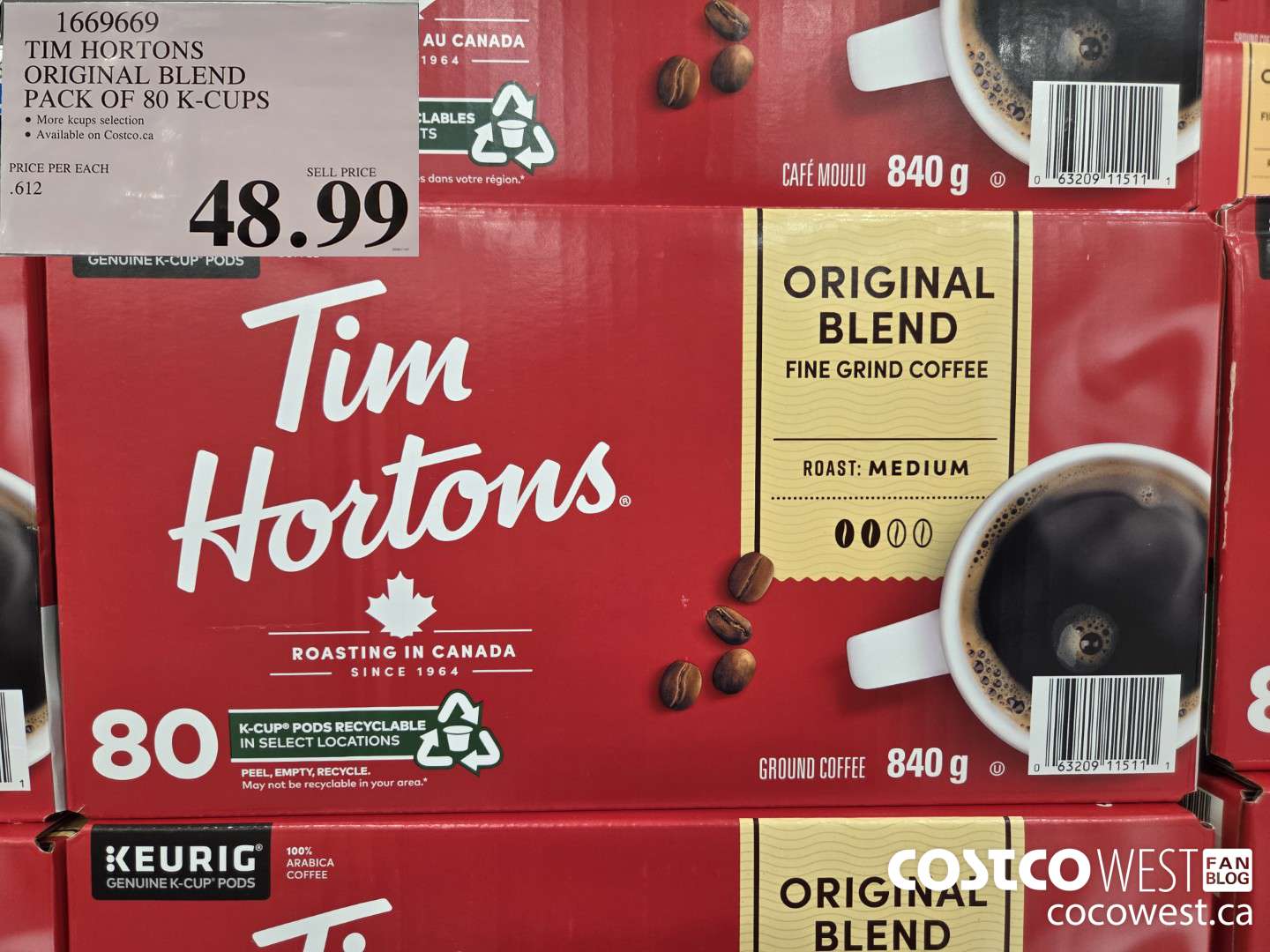 1669669 TIM HORTONS ORIGINAL BLEND K-CUPS 80 COUNT $48.99