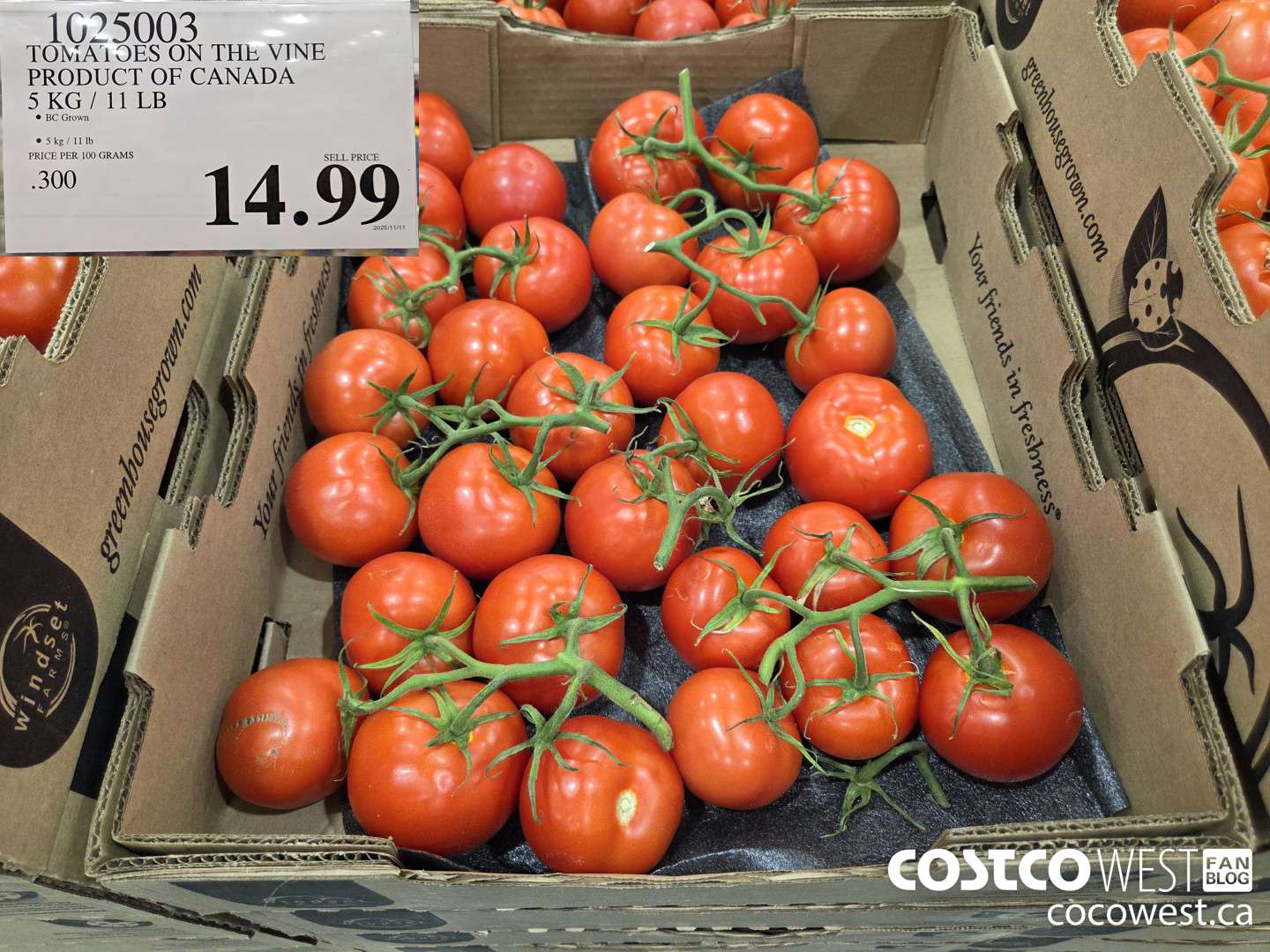 1025003 TOMATOES ON THE VINE PRODUCT OF CANADA 5 KG / 11 LB $14.99