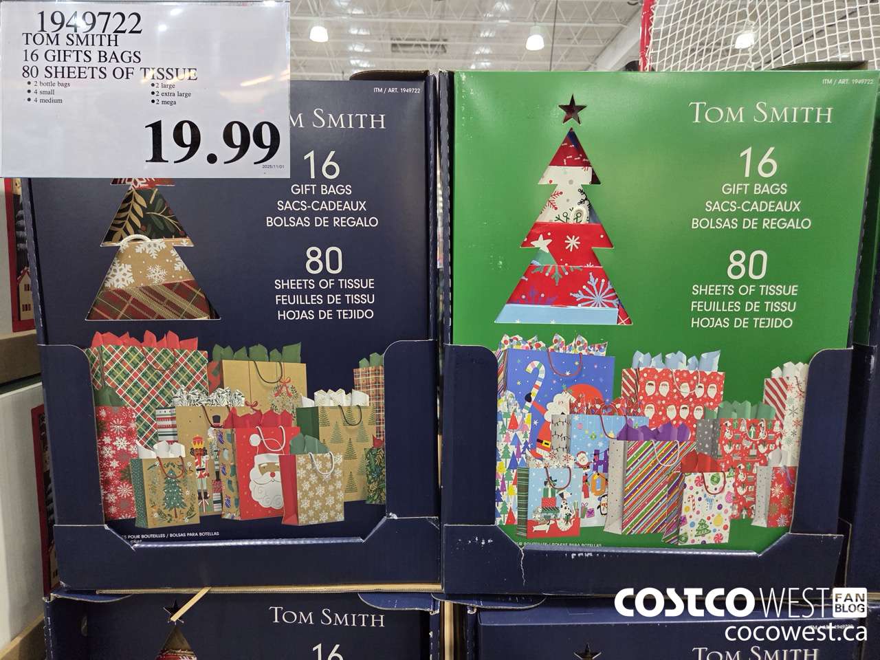 1949722 TOM SMITH 16 GIFT BAGS 80 SHEETS OF TISSUE $19.99