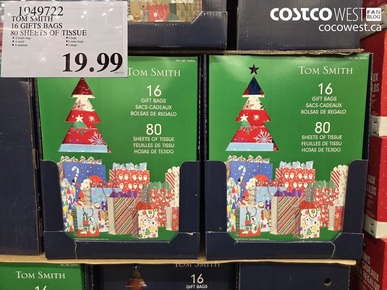 1949722 TOM SMITH 16 GIFT BAGS 80 SHEETS OF TISSUE $19.99