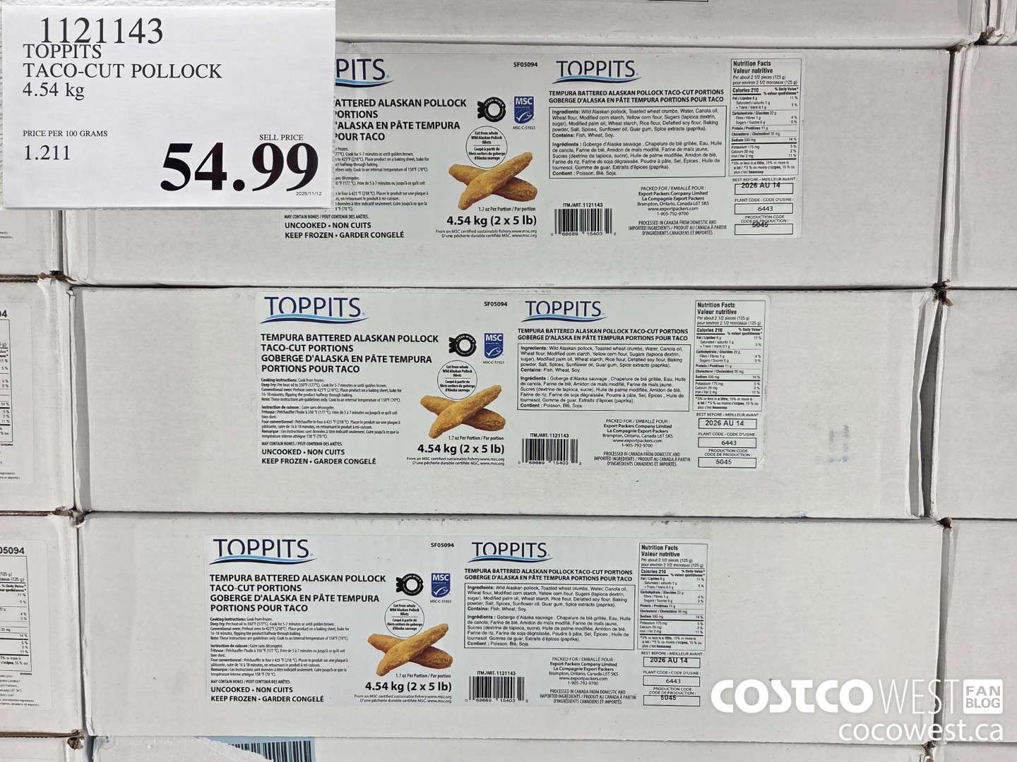 1121143 TOPPITS TACO-CUT POLLOCK 4.54 kg $54.99