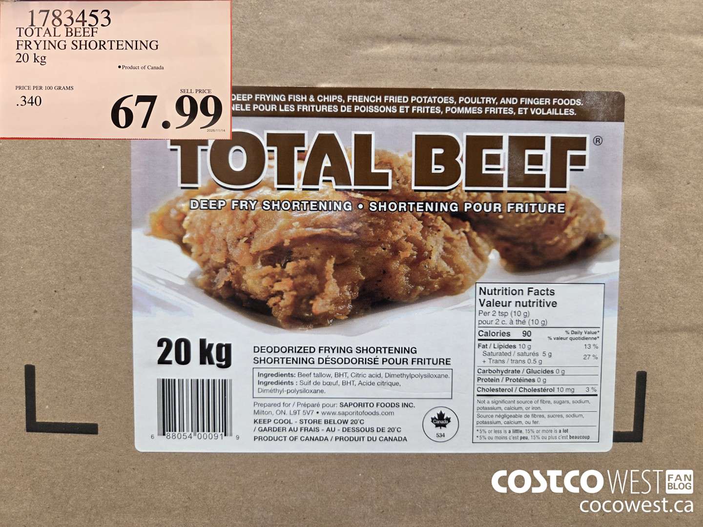 1783453 TOTAL BEEF FRYING SHORTENING 20 kg $67.99