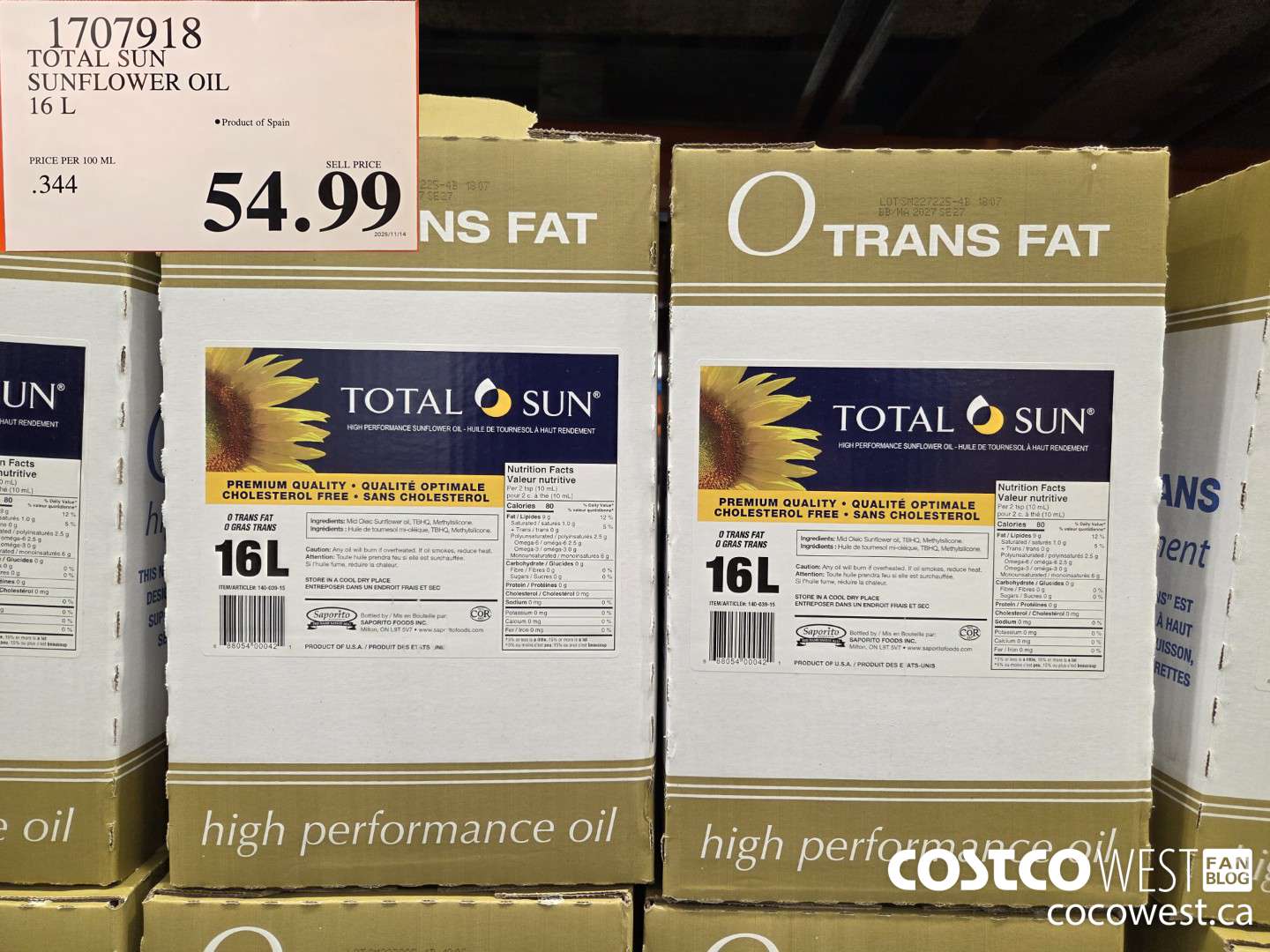 1707918 TOTAL SUN SUNFLOWER OIL 16 L $54.99