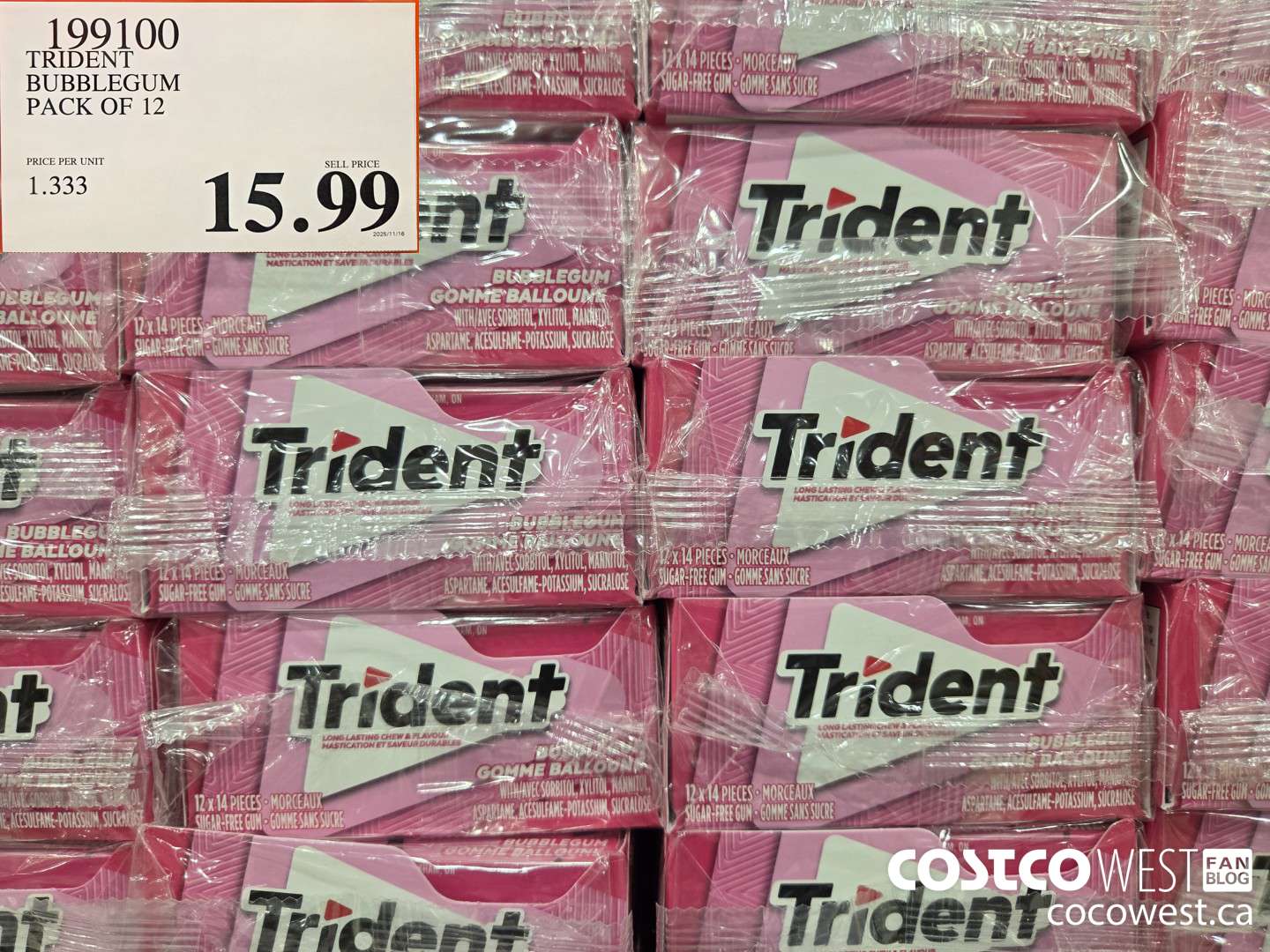 199100 TRIDENT BUBBLEGUM PACK OF 12 $15.99