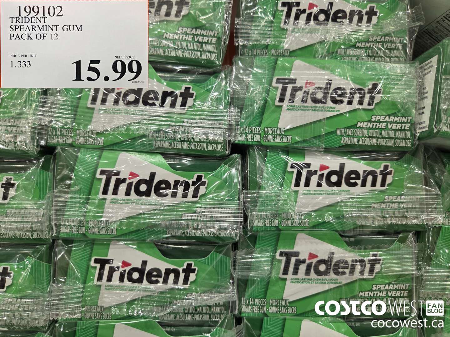 199102 TRIDENT SPEARMINT GUM PACK OF 12 $15.99