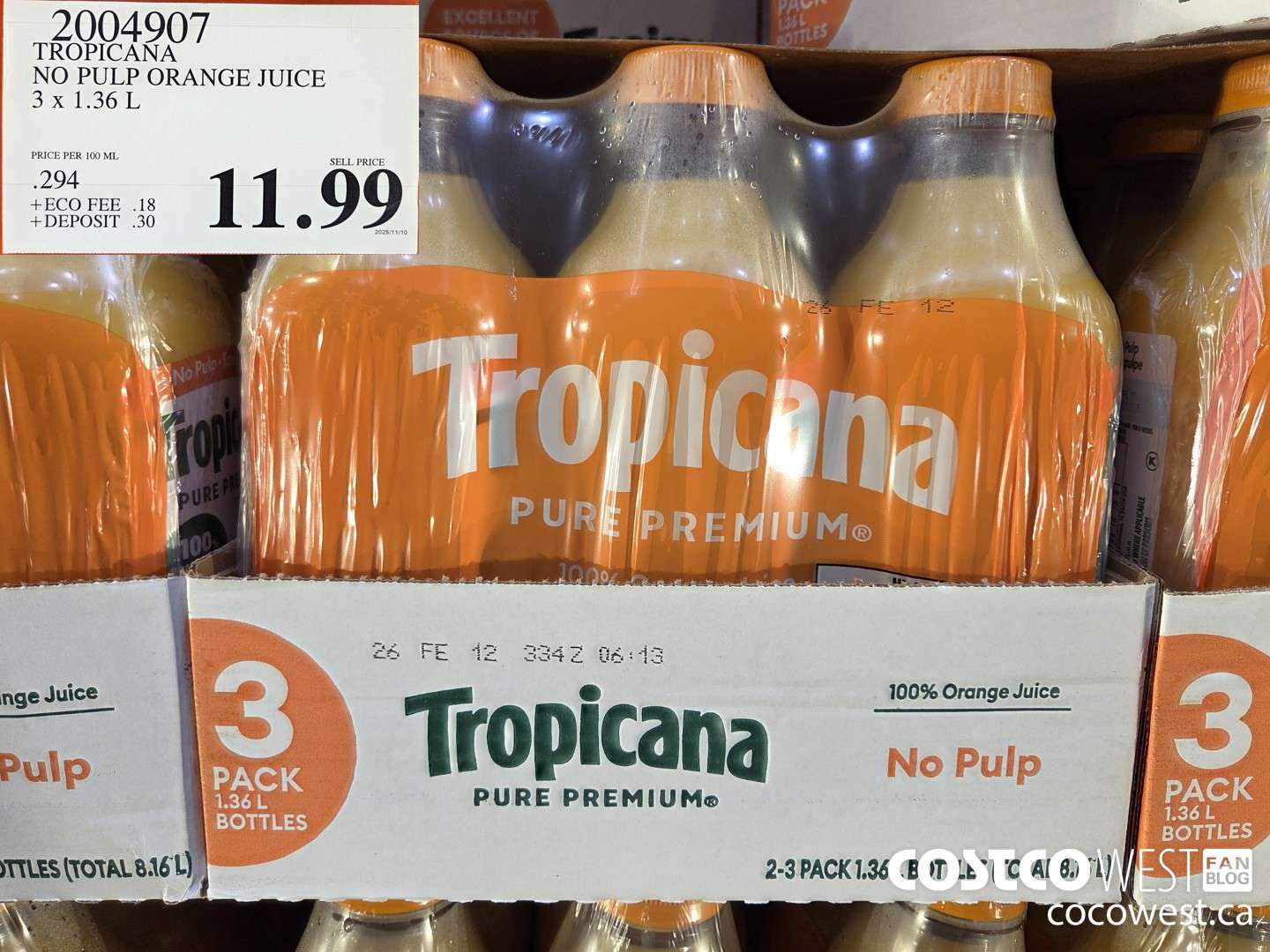 4907 TROPICANA NO PULP ORANGE JUICE 4 X 1.89 L $11.99