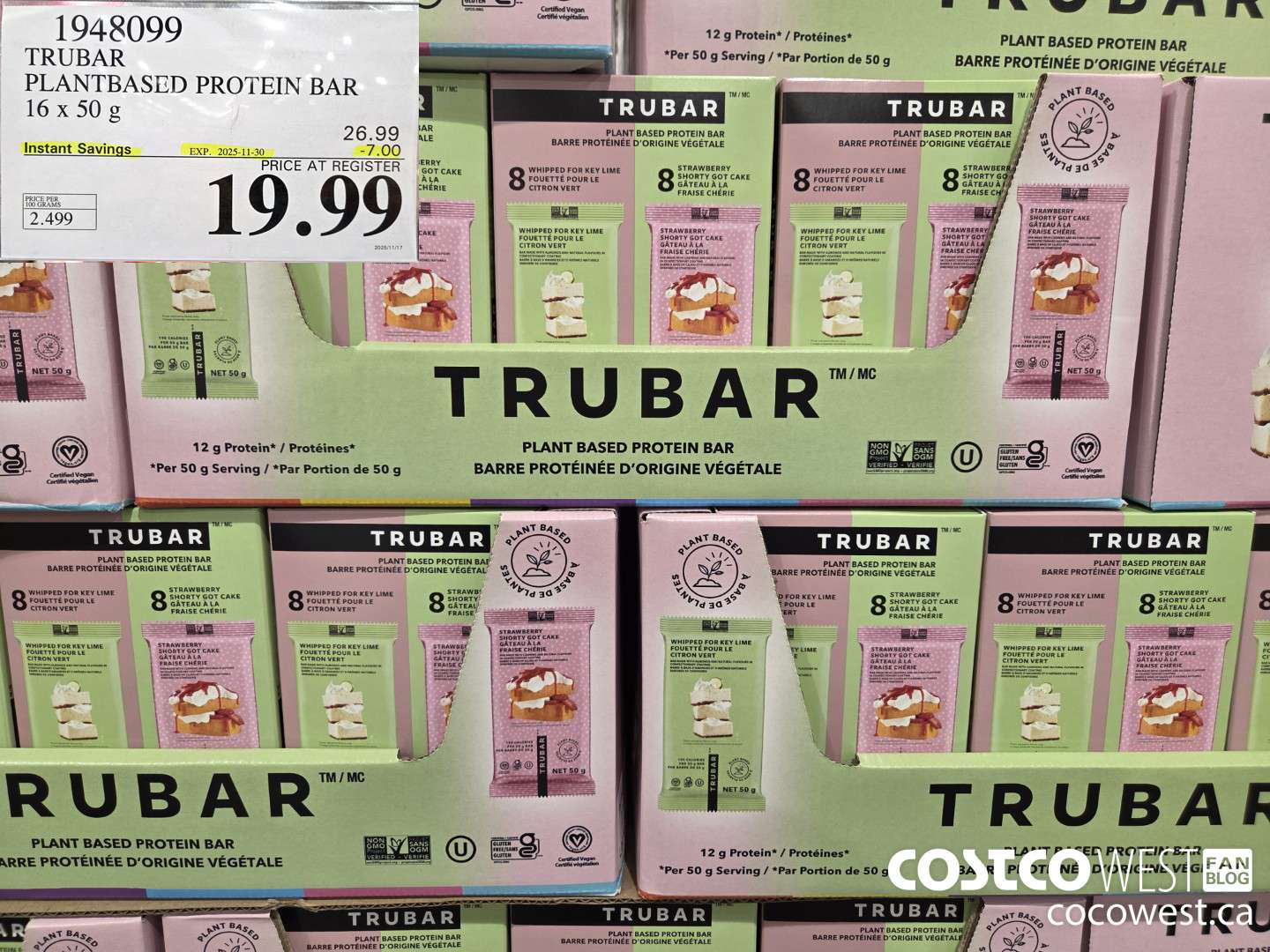 1948099 TRUBAR PLANTBASED PROTEIN BAR 16 X 50G ($7.00 INSTANT SAVINGS EXPIRES ON 2025-11-30) $19.99