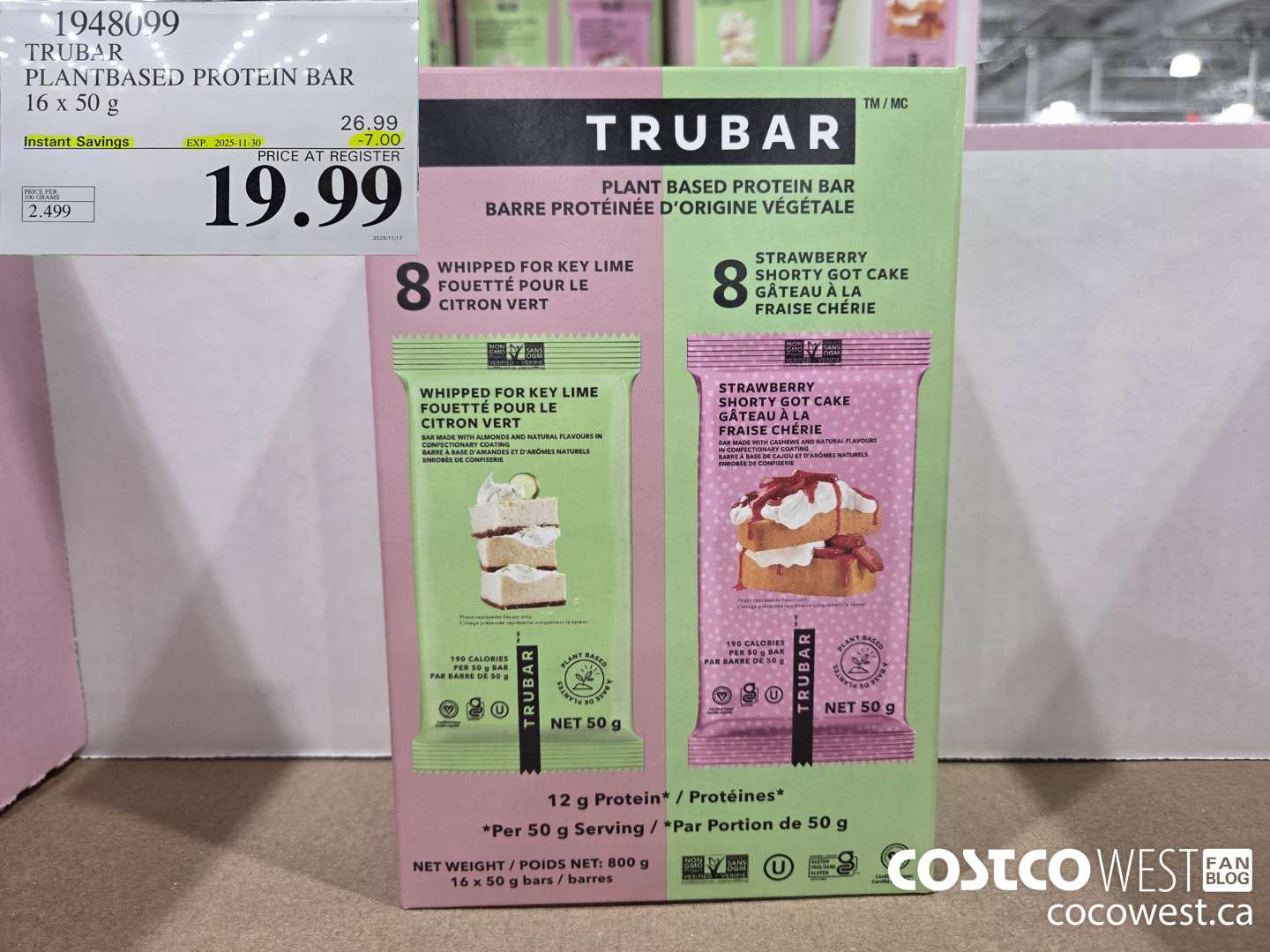 1948099 TRUBAR PLANTBASED PROTEIN BAR 16 X 50G ($7.00 INSTANT SAVINGS EXPIRES ON 2025-11-30) $19.99