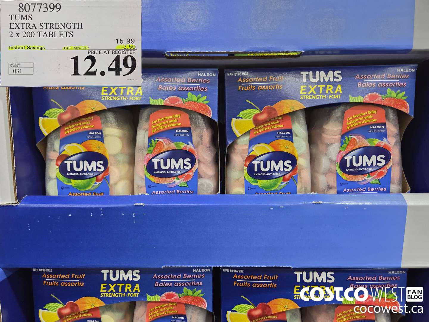 8077399 TUMS EXTRA STRENGTH 2 X 200 TABLETS ($3.50 INSTANT SAVINGS EXPIRES ON 2025-12-07) $12.49