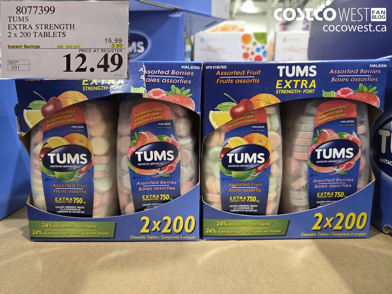 8077399 TUMS EXTRA STRENGTH 2 X 200 TABLETS ($3.50 INSTANT SAVINGS EXPIRES ON 2025-12-07) $12.49