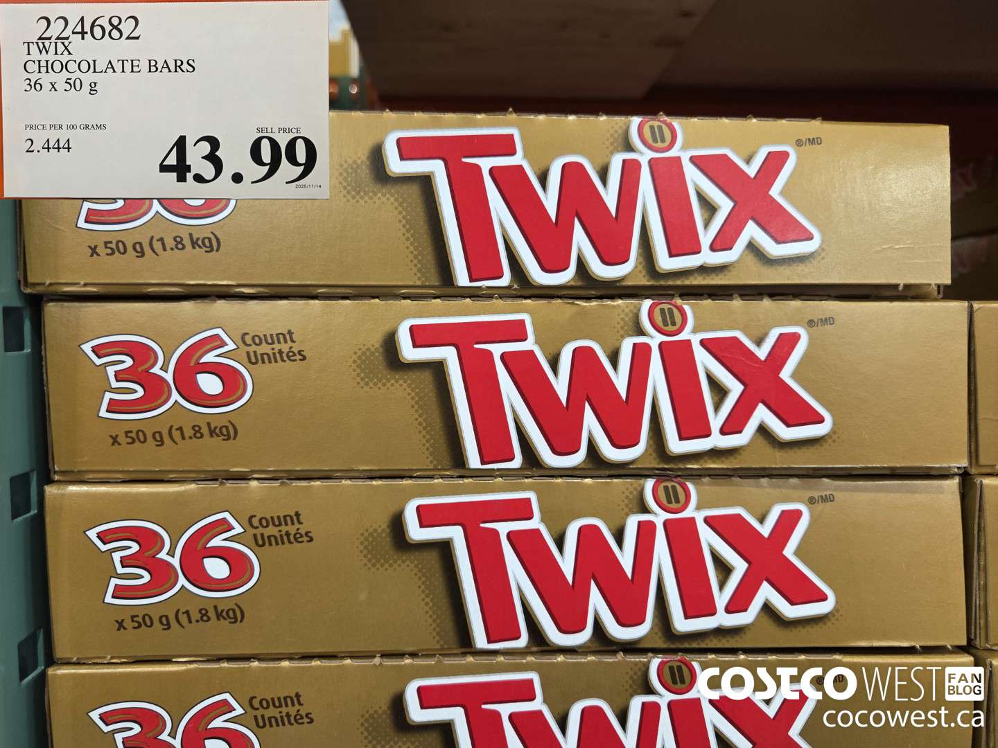 224682 TWIX CHOCOLATE BARS 36 x 50 g $43.99